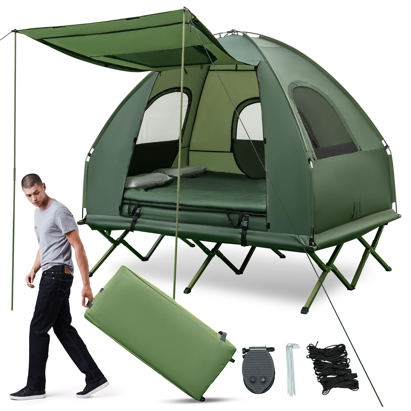 COSTWAY Tienda de Campaña para 2 Personas, Tienda de Camping con Cama Elevada, Colchón, Almohadas de Aire, Saco de Dormir, Bolsa de Transporte para Picnic Pesca, 194 x 145 x 187 cm