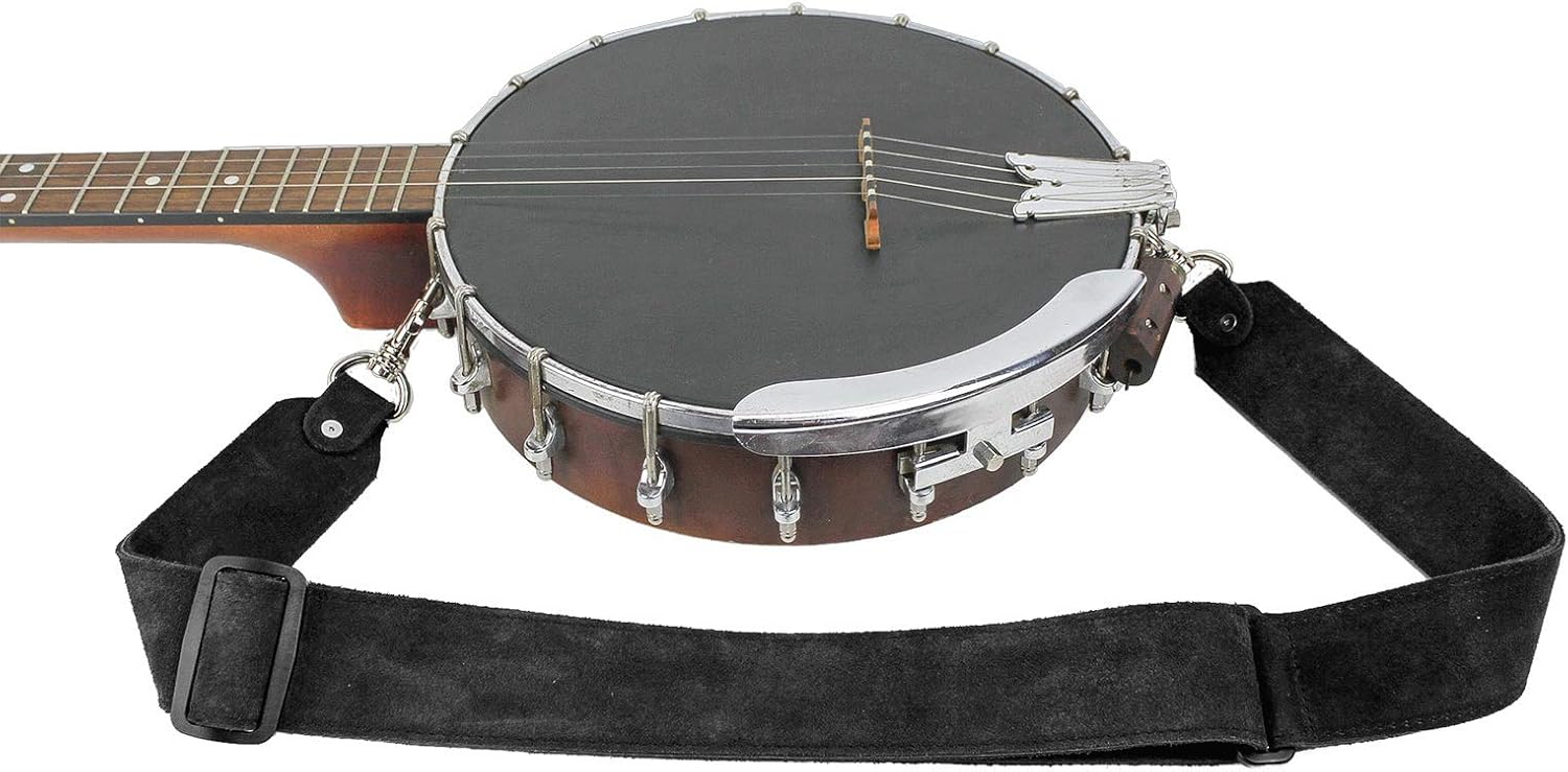 Walker & Williams BS-6-BLK 100% Grain Leather Black Banjo Strap With Clip Ends