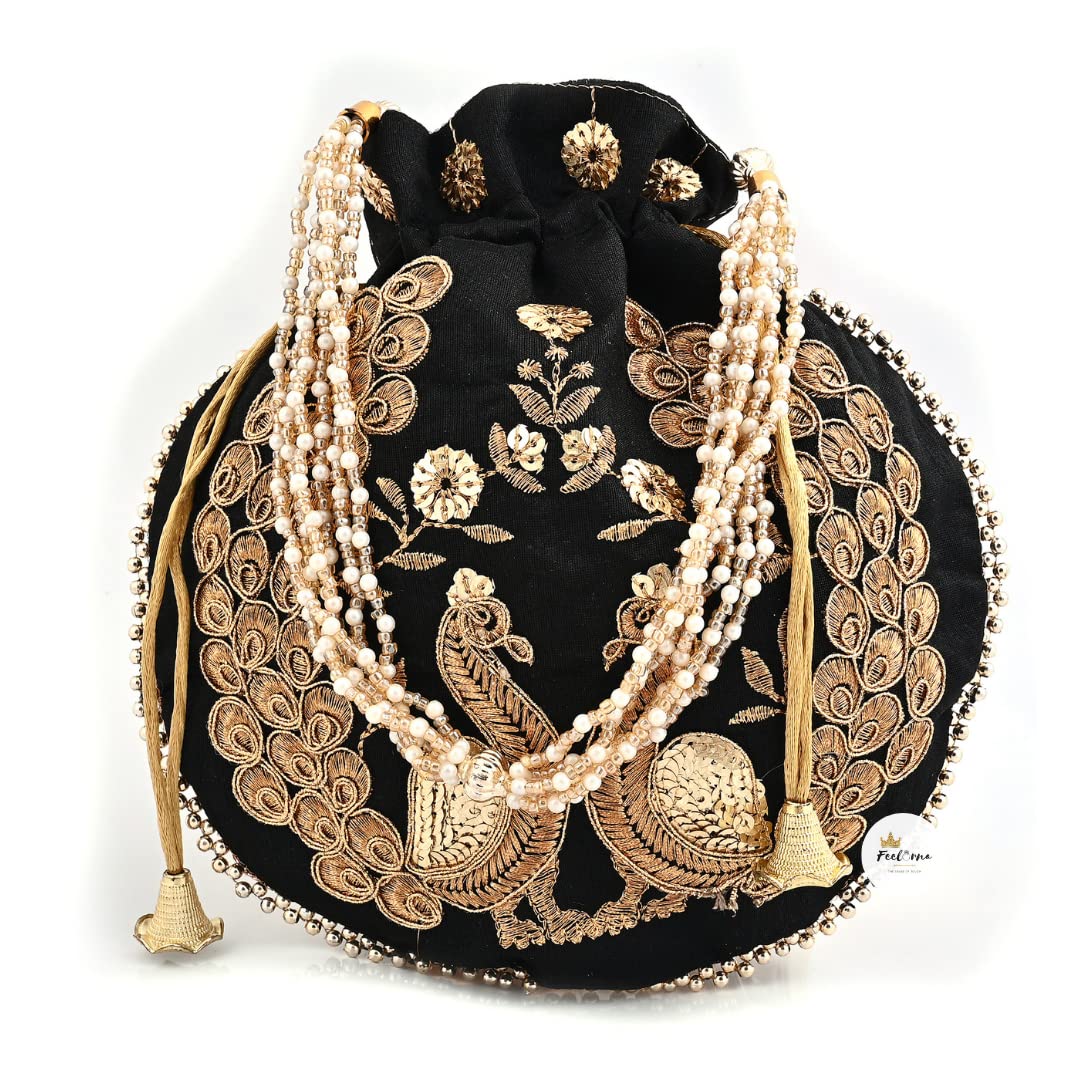 FeelOrna Designer Dual Peacock Embroidery Work Women wedding Potli Bags or batwa or Wristlets with pearl handle (Black) (B091Q2XL4X) Amazon Price History, Amazon Price Tracker