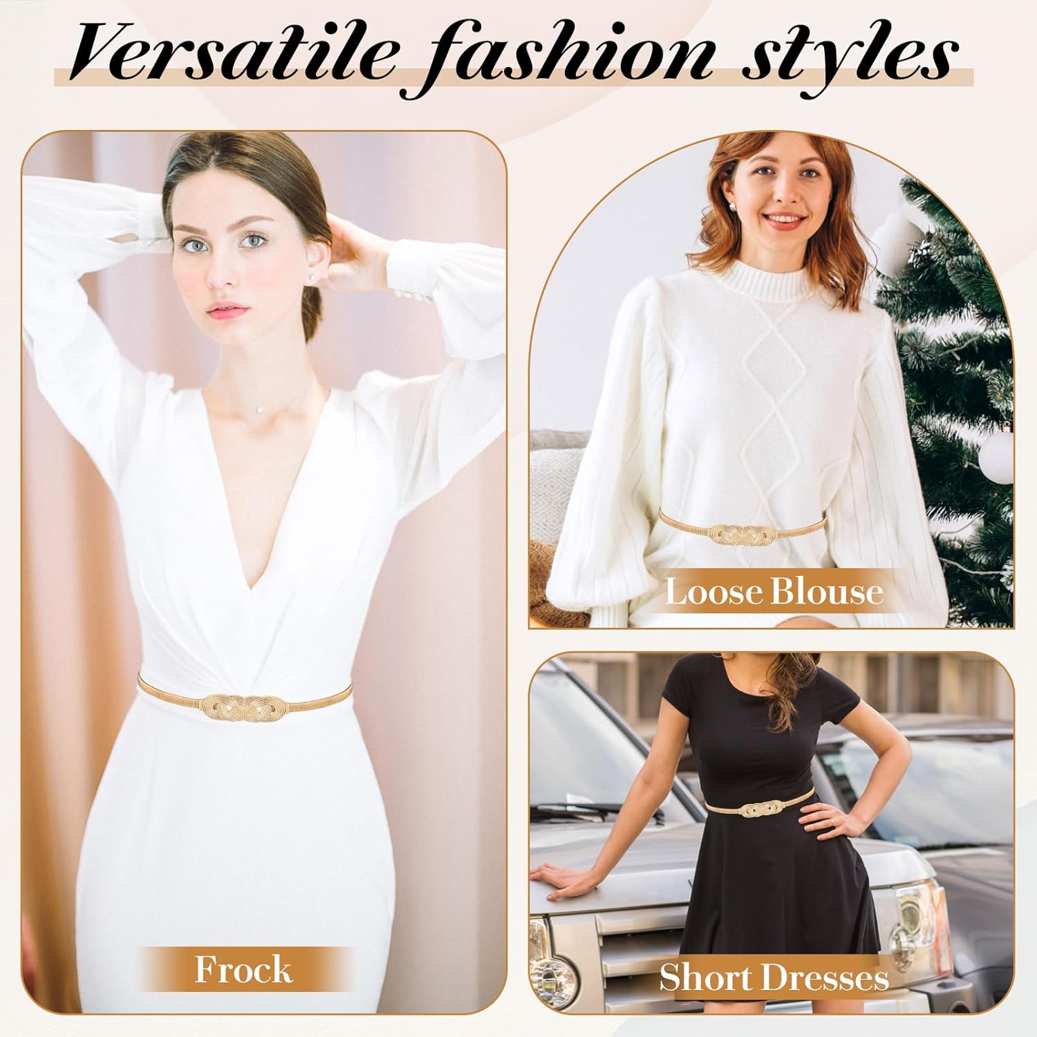 Gold Belt for Women's Dress, Metal Stretch Elastic Pendant Chain Belts for Women Fashion, Skinny Thin Gold Ladies Belts - Image 5