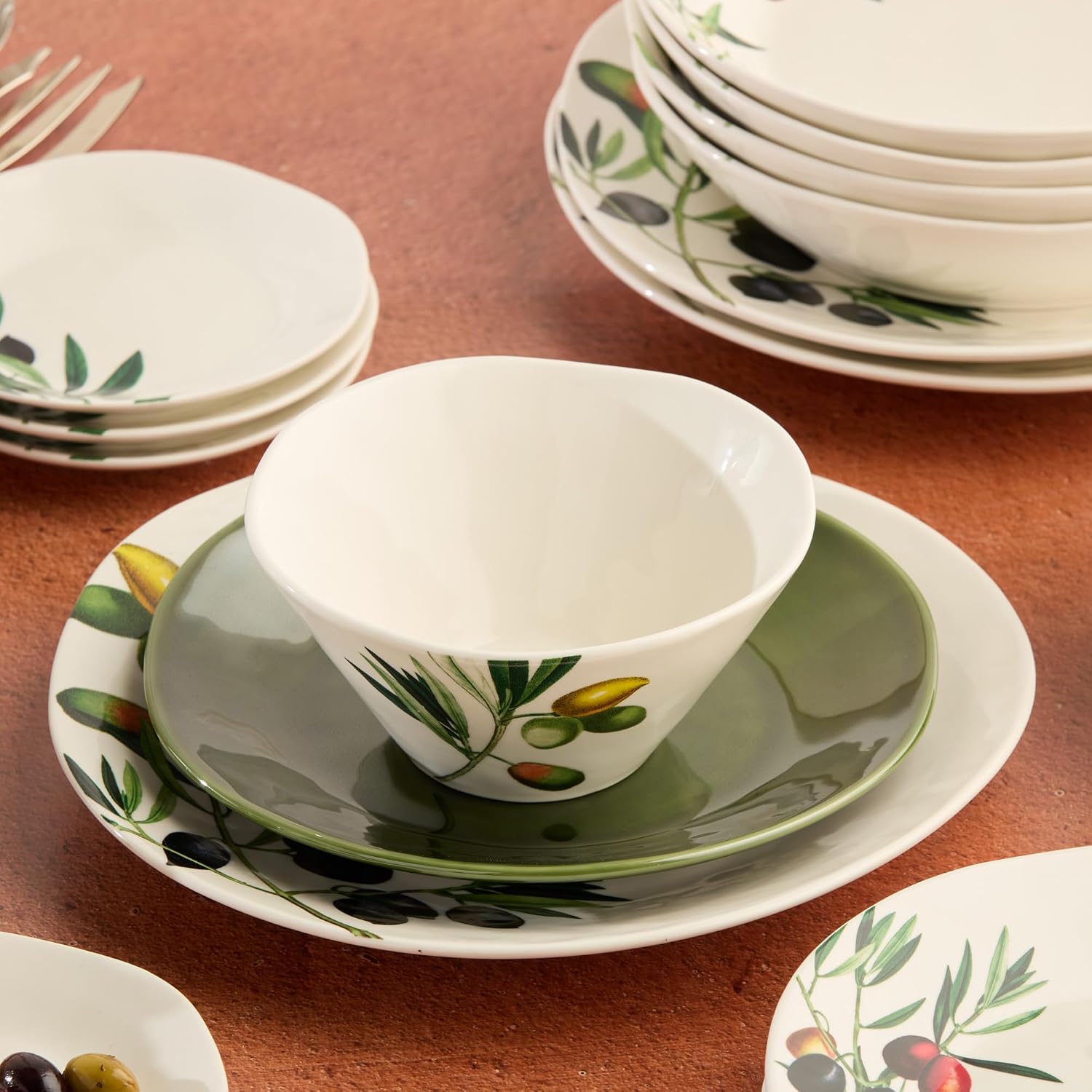 Certified International Olivia 22-Ounce Stoneware Ice Cream Bowl Set of 4 - Elegant Mediterranean Olive Branch Print with Vibrant Green and Golden Accents, Perfect for Desserts, Fruit, and Snacks