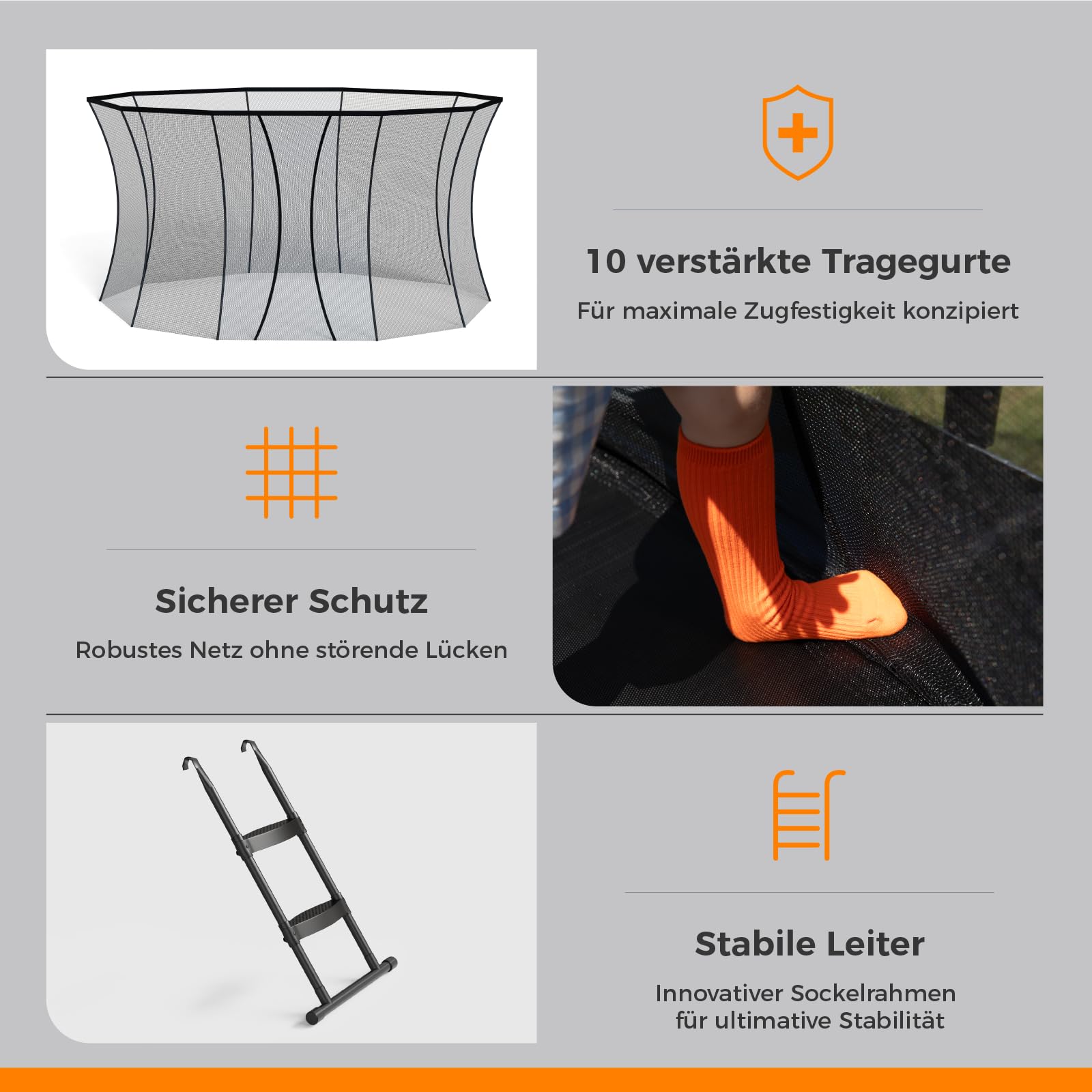 Trampolin Outdoor 305 cm mit Sicherheitsnetz, 5 verstärkte U-förmige Beine mit Mittelstütze, ASTM-Zertifiziert, Freizeittrampolin für Kinder und Erwachsene