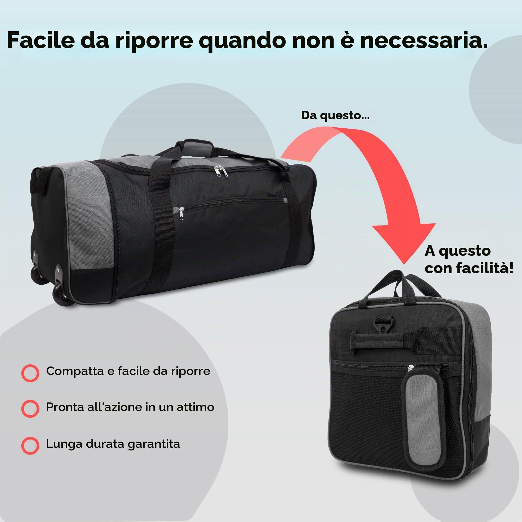 iN Borsone da viaggio pieghevole con ruote in plastica, utilizzabile come borsa leggera per bagagli, valigia o zaino. Ideale per viaggi, kit e attrezzature sportive., nero/grigio, 30 x 32 x 10 cm