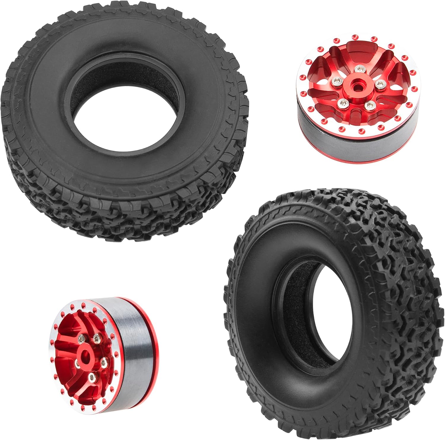 OD 2.75" Rubber Tires & Metal Beadlock Wheel Rims Compatible with MN Model MN82 LC79 MN78 D90 D91 D96 99S 1/12 WPL C14 C24 C34 C44 1/16 RC Car (Red)