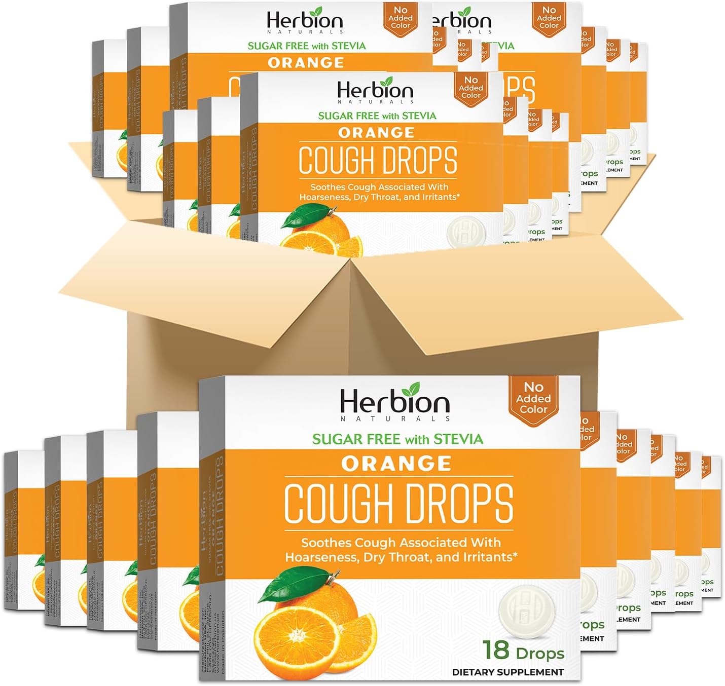 HERBION Naturals Cough Drops, Sugar-Free with Stevia, Dietary Supplement, Soothes Cough, for Adults & Children Over 6 Years, 18 Drops Each (Pack of 48, Orange)