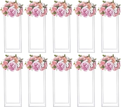 10Pcs Wedding Flower Centerpiece,23.6" Centerpieces for Table Wedding,Flower Stand for Wedding,Gold Vase Metal Column Stand,Rectangular Geometric Flower Rack for Party Decoration White,23.6"