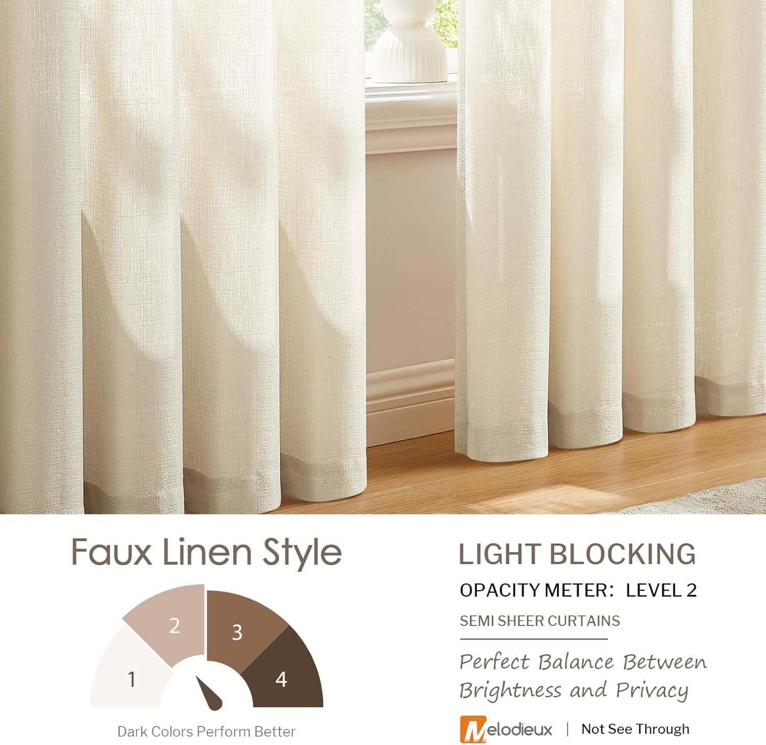 Melodieux Beige Semi Sheer Curtains 84 Inches Long for Living Room, Bedroom Linen Look Farmhouse Rod Pocket Shiny Sheer Curtain Drapes Light Filtering Home Office, 52" W x 84" L, 2 Panels
