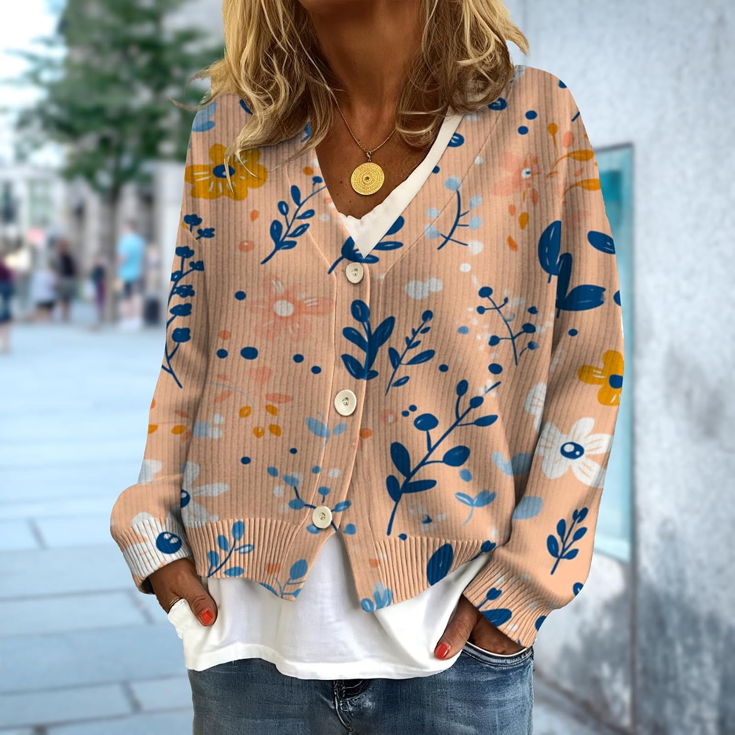 Cardigan Sweater for Women Floral Print Button V Neck Casual Winter Jacket Long Sleeve Knit Coatwear - Image 2