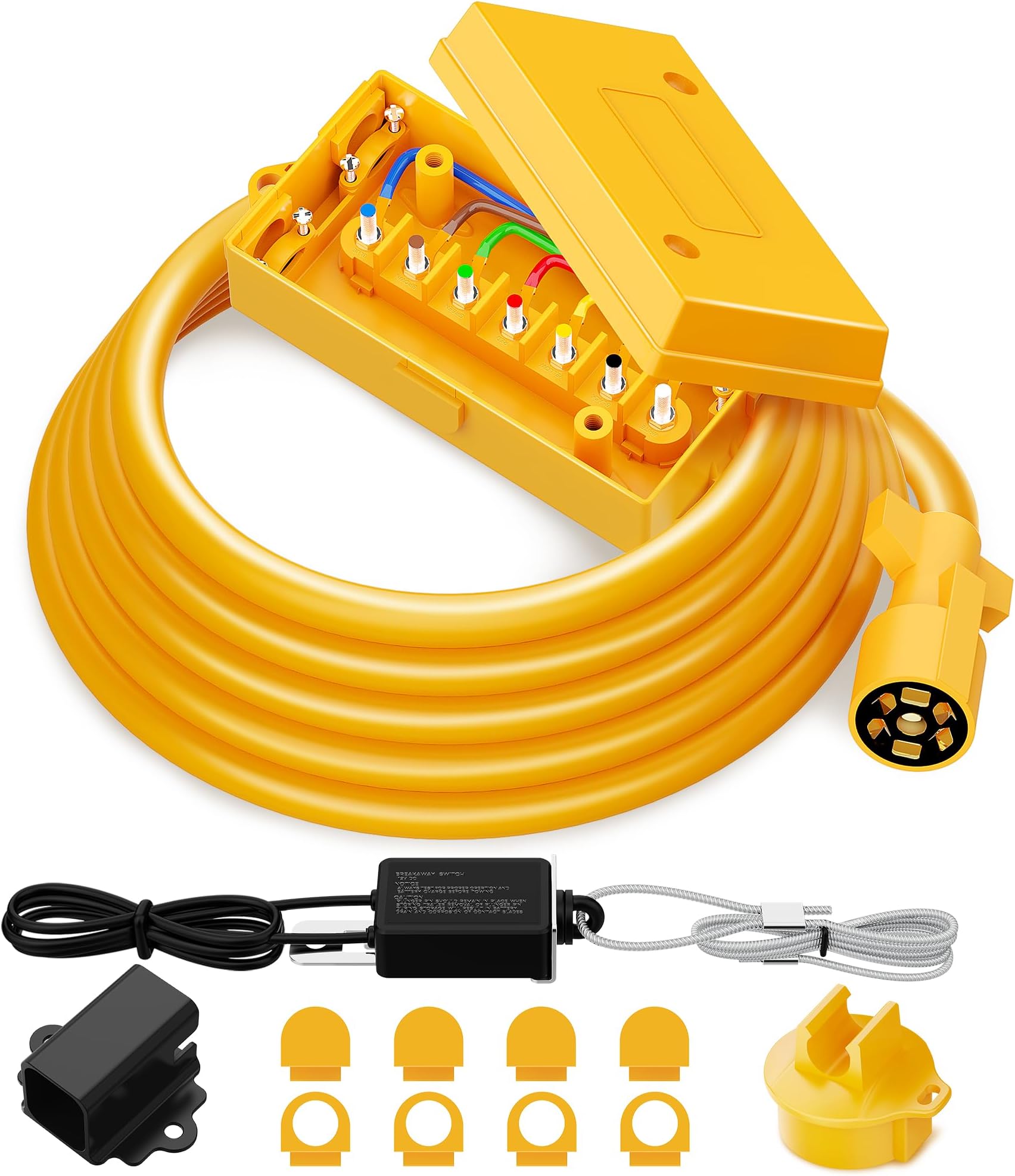 MICTUNING Heavy Duty 7 Way Plug Inline Trailer Cord with 7 Gang Junction Box, 12V Breakaway Switch and Plug Holder for RV Trailers - 8 Feet, Yellow