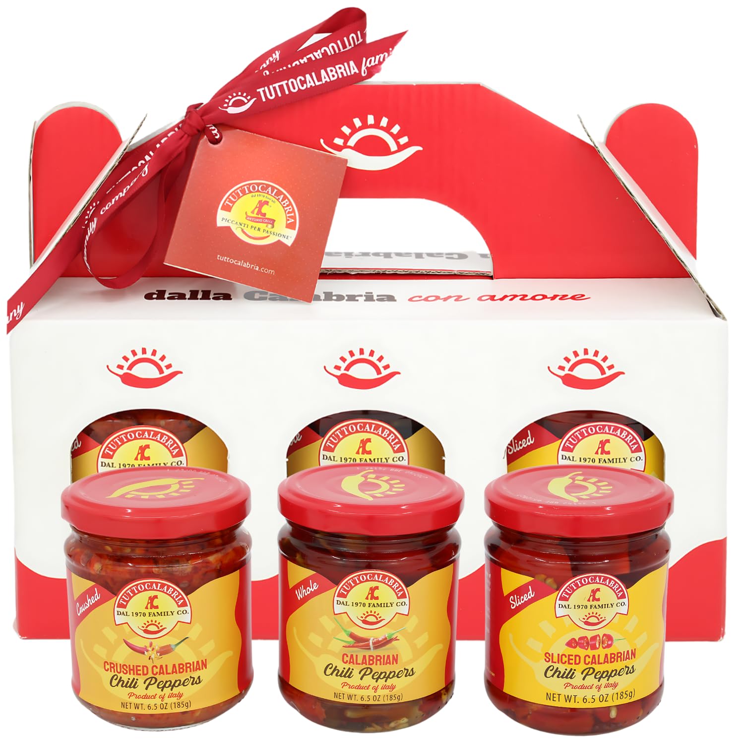 TUTTOCALABRIA Gift Set, Variety 3 Pack, Crushed, Sliced, Calabrian Chili Pepper Gift Set (3 Pack X 6.5oz) Non GMO, Product of Calabria, Italy, hot sauce gift