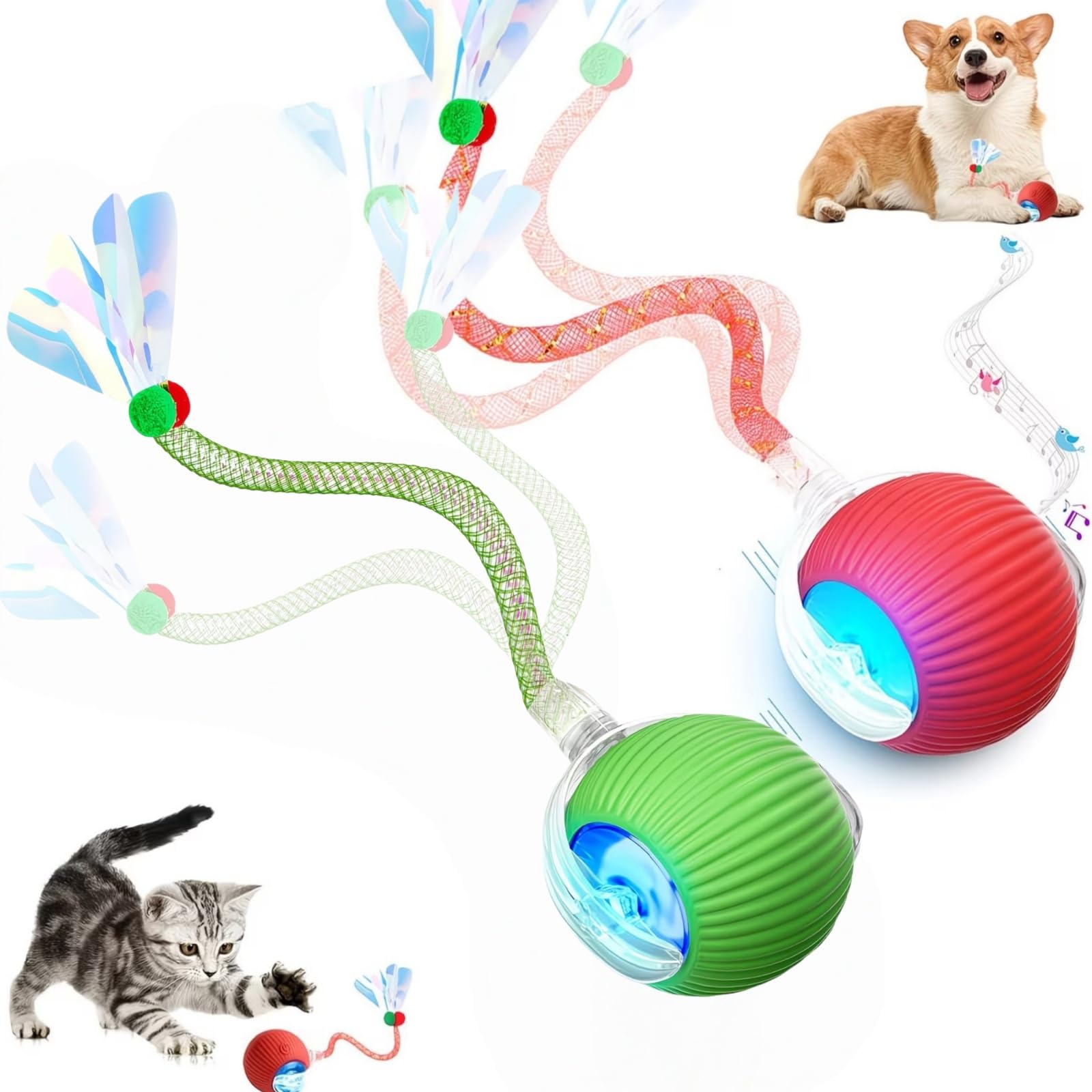 Cat Balls Interactive Cat Ball,USB Rechargeable Self-Moving Ball Can Emit Bird Chirps,Smart Chase Pet Balls,Automatic Moving Ball with Tail With 3 Modes,Kitten Balls for Bored Indoor Cats#Red,Green