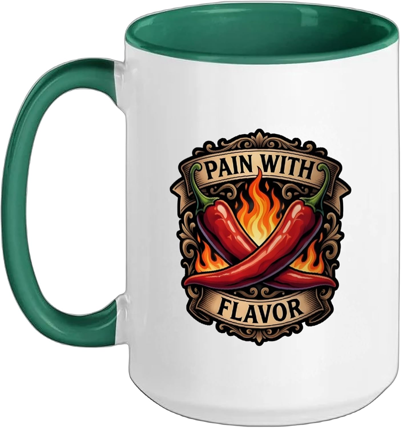 Pain With Flavor Hot Sauce Chili Pepper Ceramic Mug, Dark Green/White, 15oz