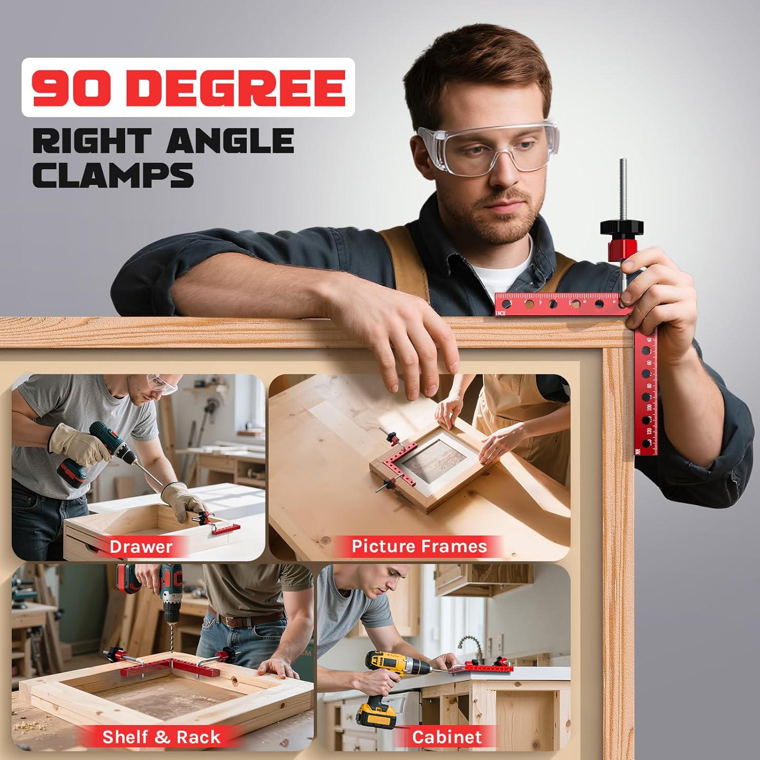 Corner Clamps for Woodworking, 4 Pcs 5.5" Aluminum Alloy 90° Right Angle Clamp Set, Precision L-Shaped Screws, Dual Scale Positioning Squares for Frames, Cabinets, Drawers & Boxes