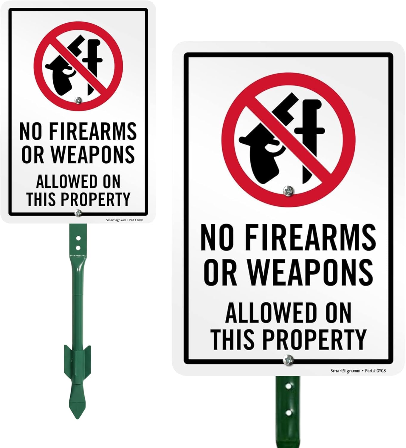 SmartSign 10 x 7 inch “No Firearms Or Weapons Allowed On This Property” LawnPuppy Yard Sign and 18 inch Stake Kit, 40 mil Laminated Rustproof Aluminum, Red, Black and White, Set of 1