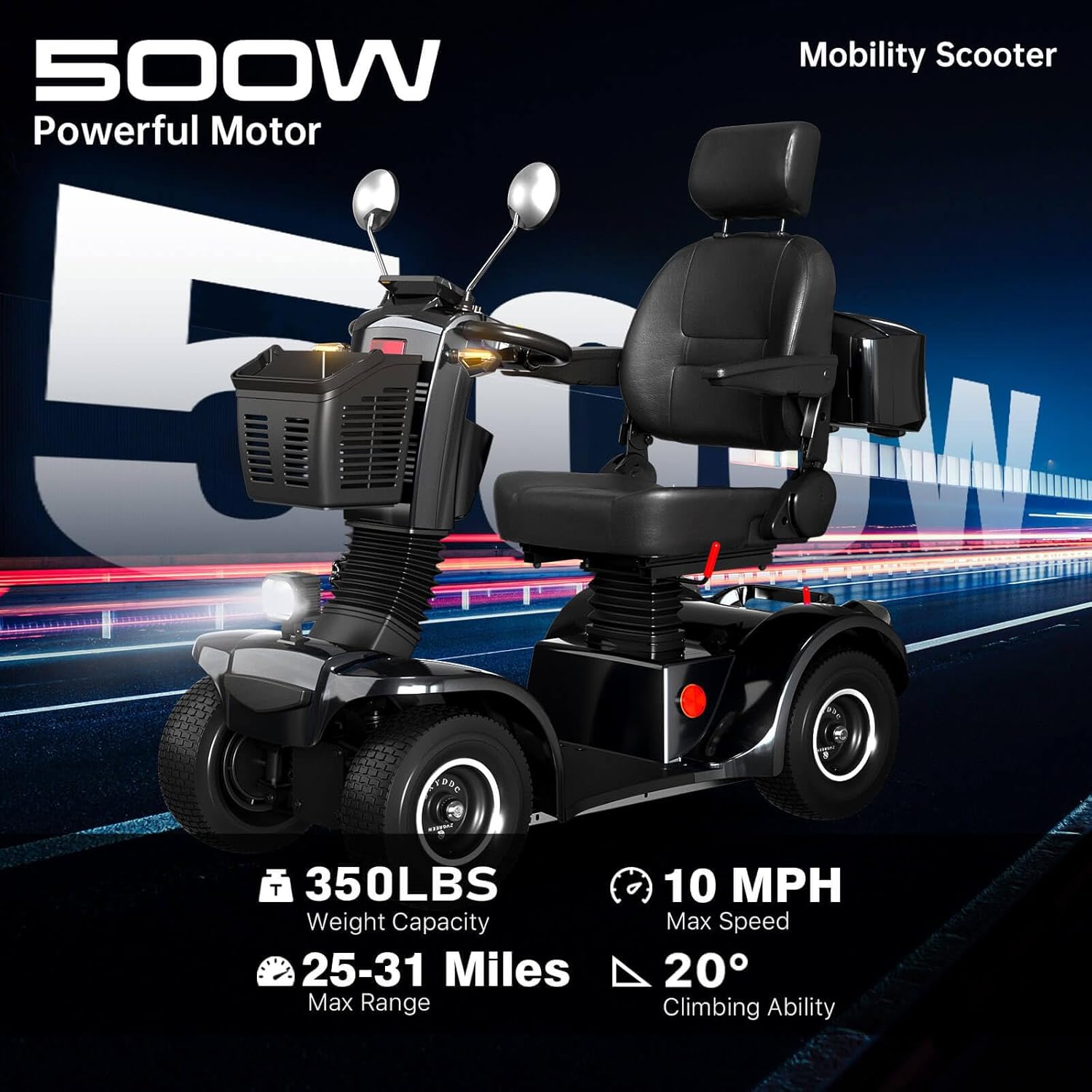 Xmatch BSH Mobility Scooter highlighting 500W motor, 350lbs capacity, 10 MPH max speed, 25-31 miles range, and 20 degree climbing ability.