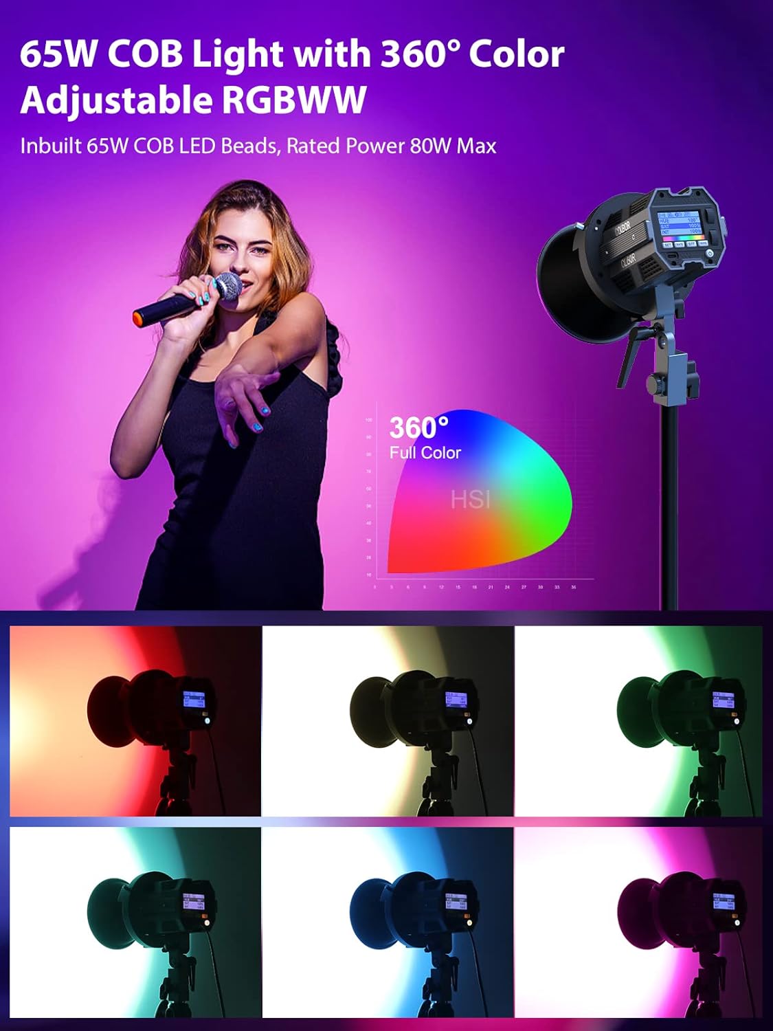 Video Light, COLBOR CL60R RGB COB Continuous Output Lighting 65W 2700-6500K Full Color LED Studio Light CRI97+ TLCI98+ 13 Lighting Effects with APP Control for Photography