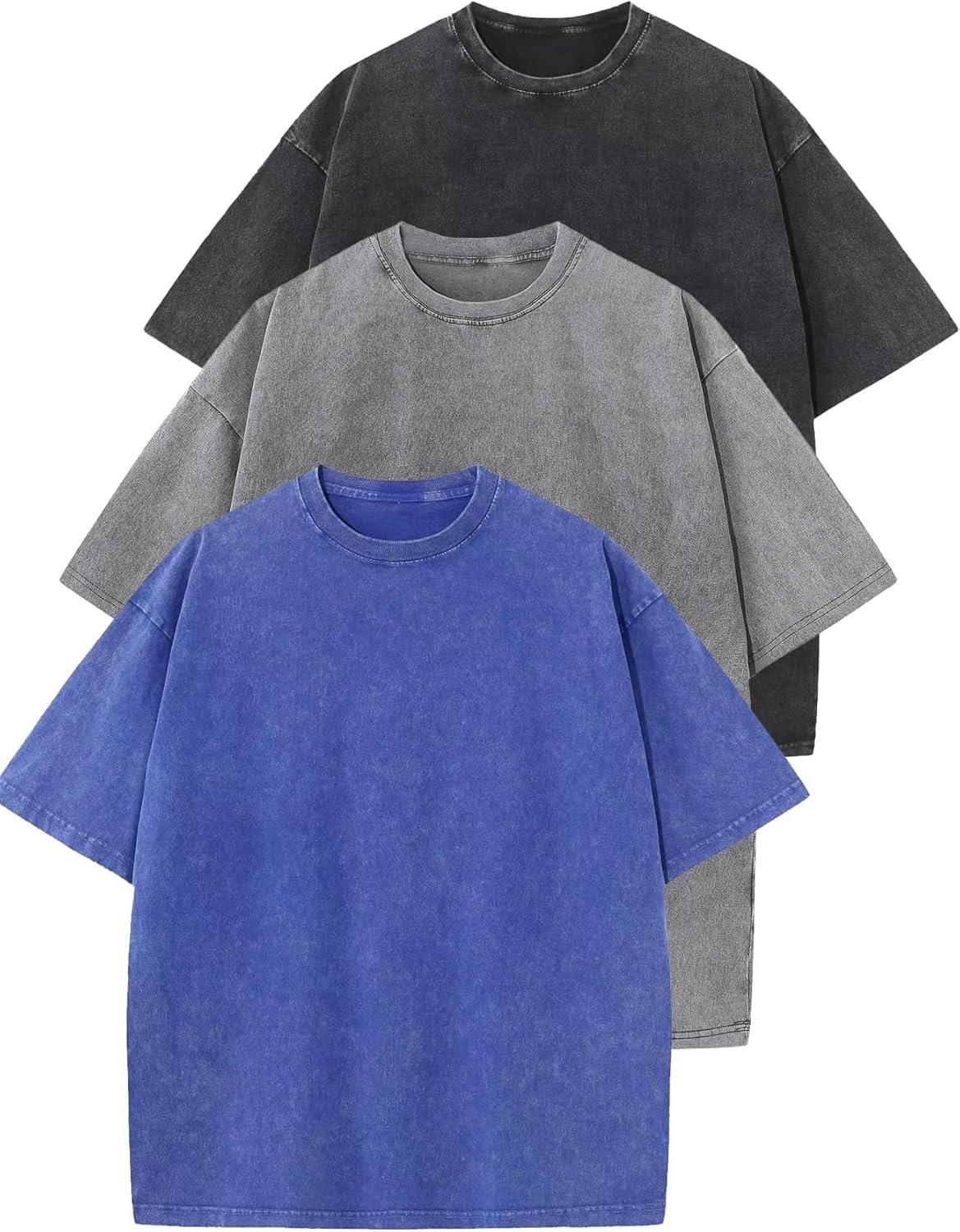 Flygo 3 Pack Men Oversized T Shirts Acid Washed Unisex Tee Loose Fit Short Sleeve Casual Streetwear Baggy Basic Tops