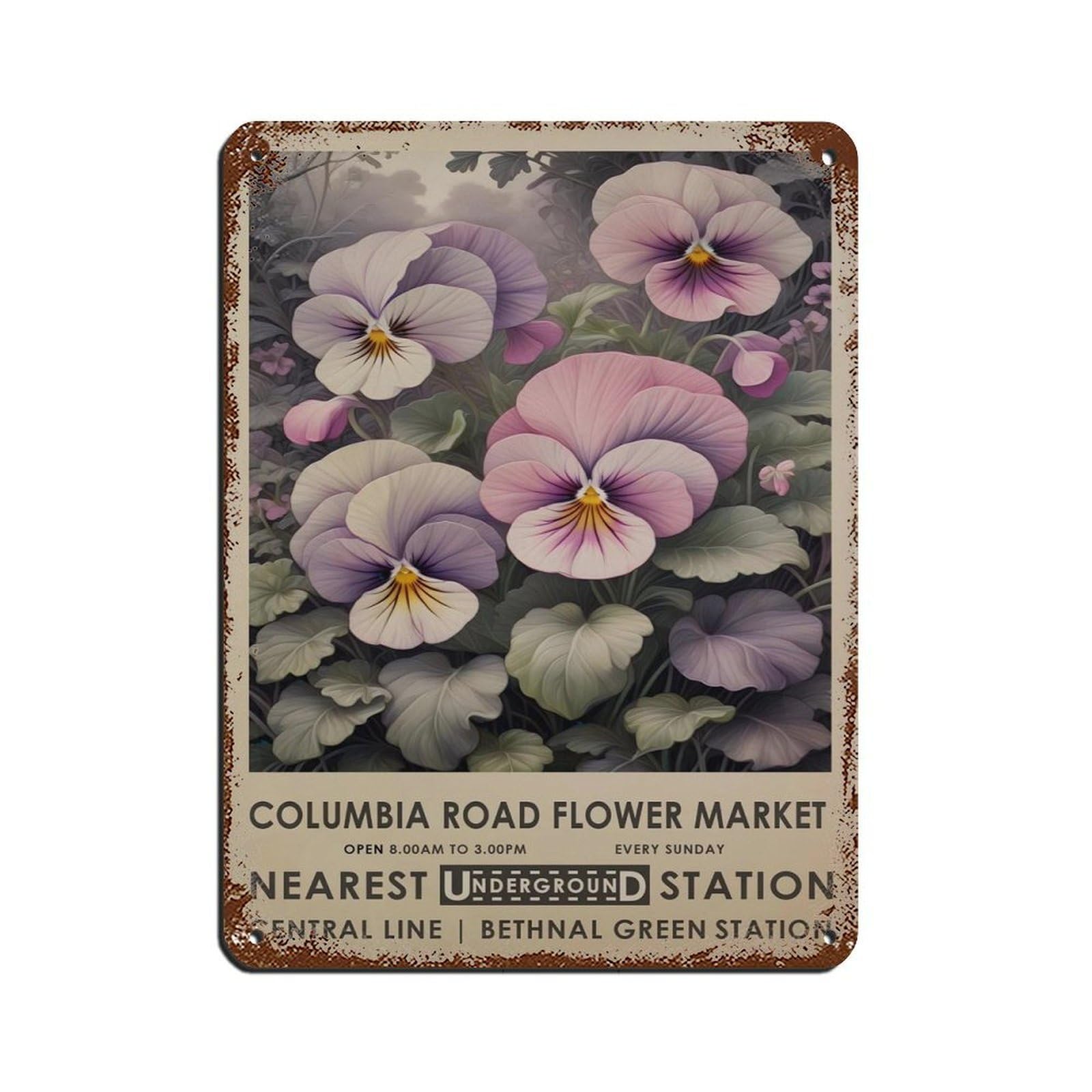 Columbia Road Flower Market, Vintage Pansie Flower Retro Poster Metal Tin Sign Chic Art Retro Iron Painting Bar People Cave Cafe Family Garage Poster Wall Decoration 12x16inch(30x40cm)