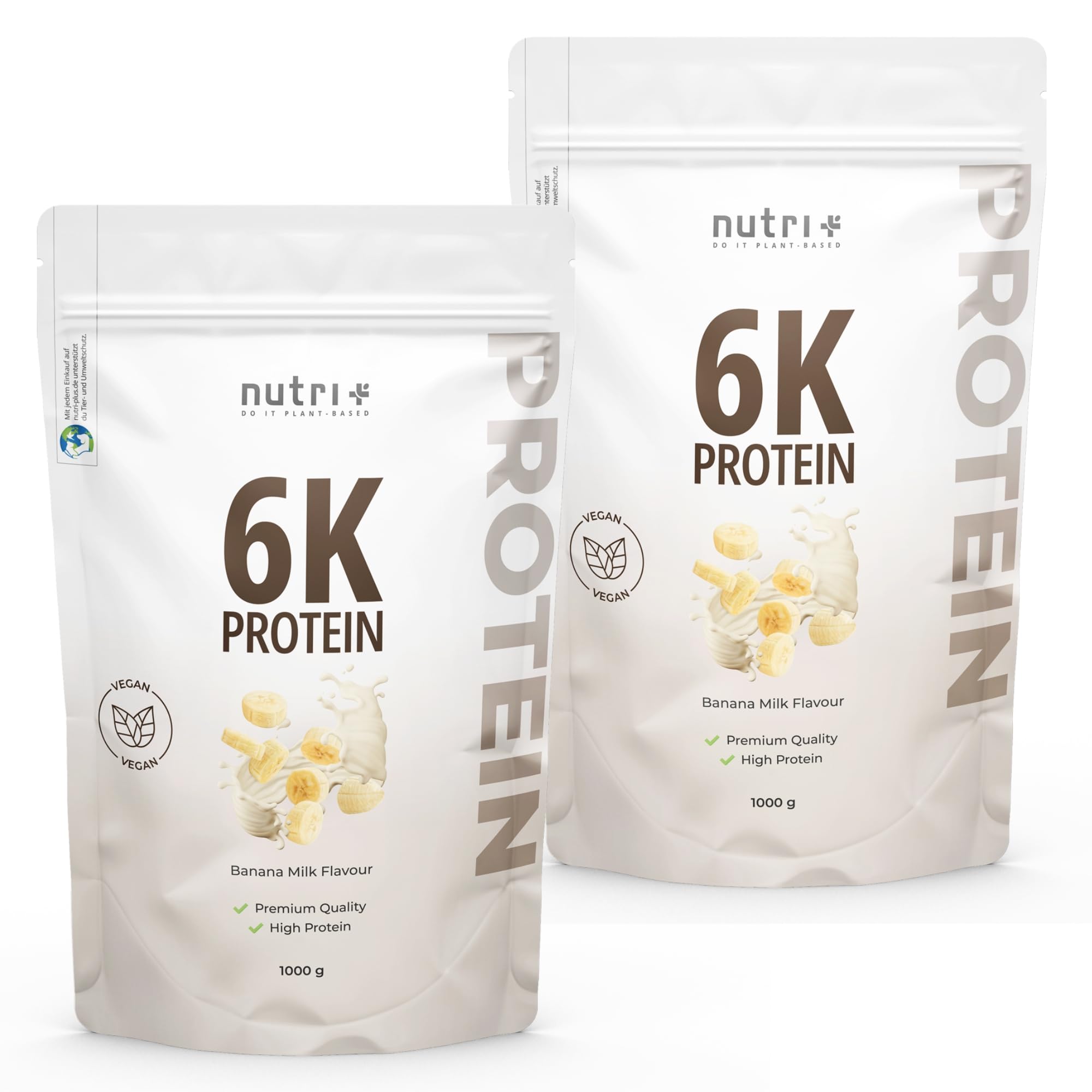 nutri+ 6K Vegan Protein Powder 1 kg - a Base Vegetale - Banana Milk - con Isolato di Proteina di Piselli Soia Riso Grano Girasole Mandorla - senza Lattosio