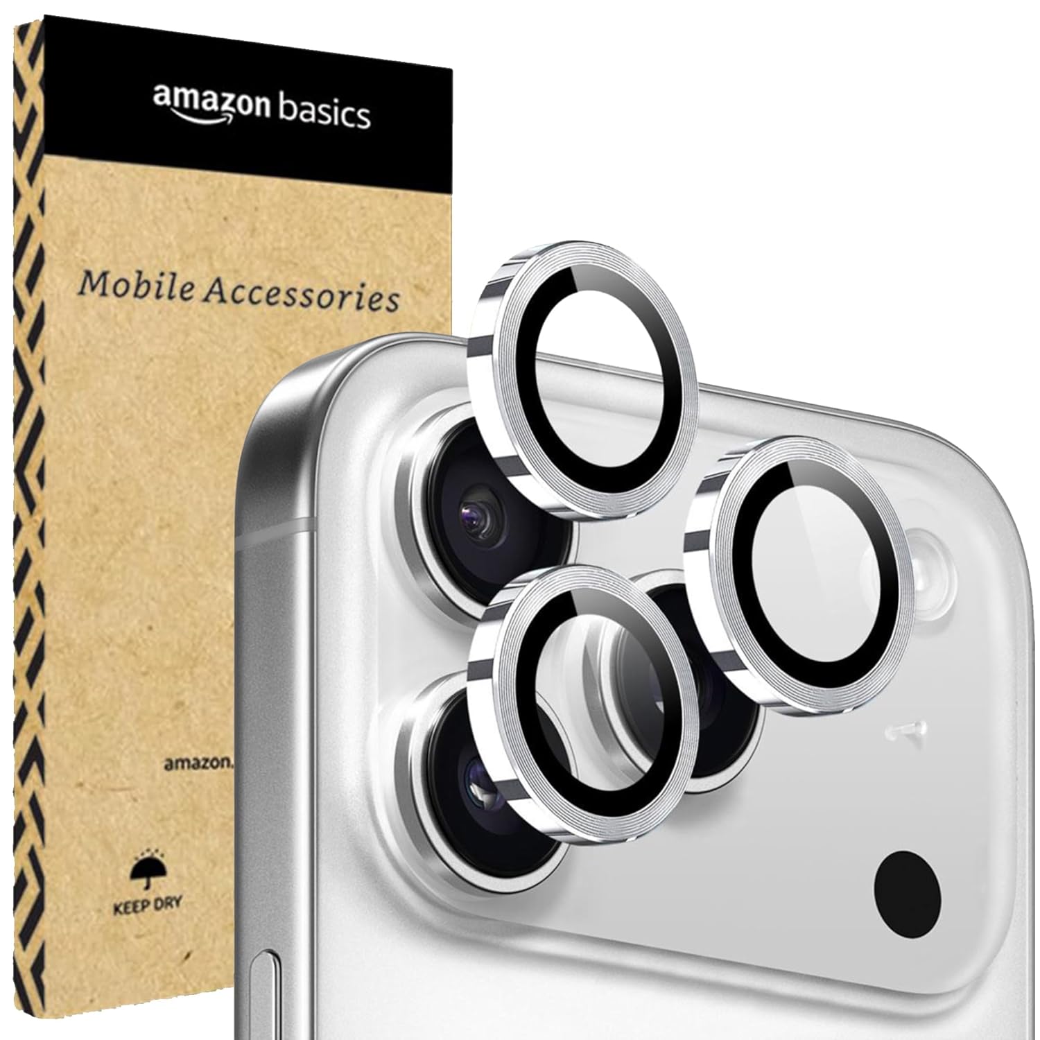 amazon basics Camera Glass Lens Protector Ring for iPhone 17 Pro Max Case Friendly with Edge to Edge Coverage and Easy Installation (Silver)