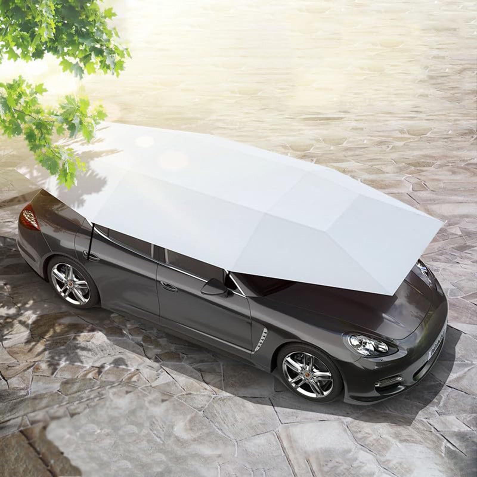 Ombrello parasole per auto completamente automatico con telecomando, parasole per auto da 5,2 m, previene la polvere, antipioggia, antigrandine, adatto a vari modelli di auto,Silver