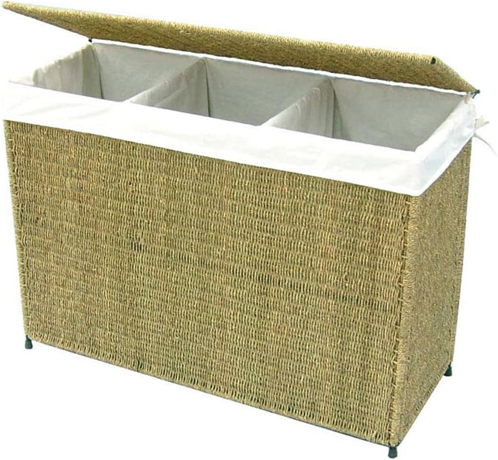 Woven Seagrass Full-Load Home Laundry Hamper with Three Compartment and White Liner