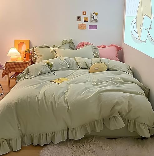 INDACORIFY 3 Pcs Set Ruffled Cotton Duvet Cover Sage Green 100% Cotton Bedding Set Ruffle Queen Bedding Cover King Bedding Set Comforter Cover Donna