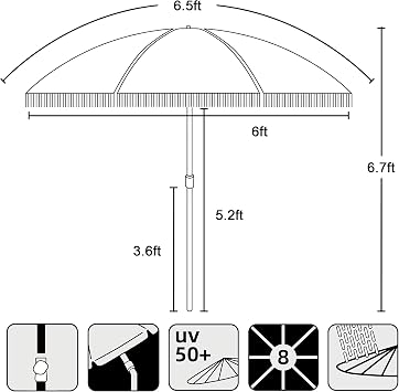 AMMSUN 6.5ft Beach Umbrella with Sand Anchor, Heavy Duty Windproof Beach Patio Umbrella with fringe Tilt & UPF 50+ Sun Protection, Carry Bag for Beach Pool Garden Backyard
