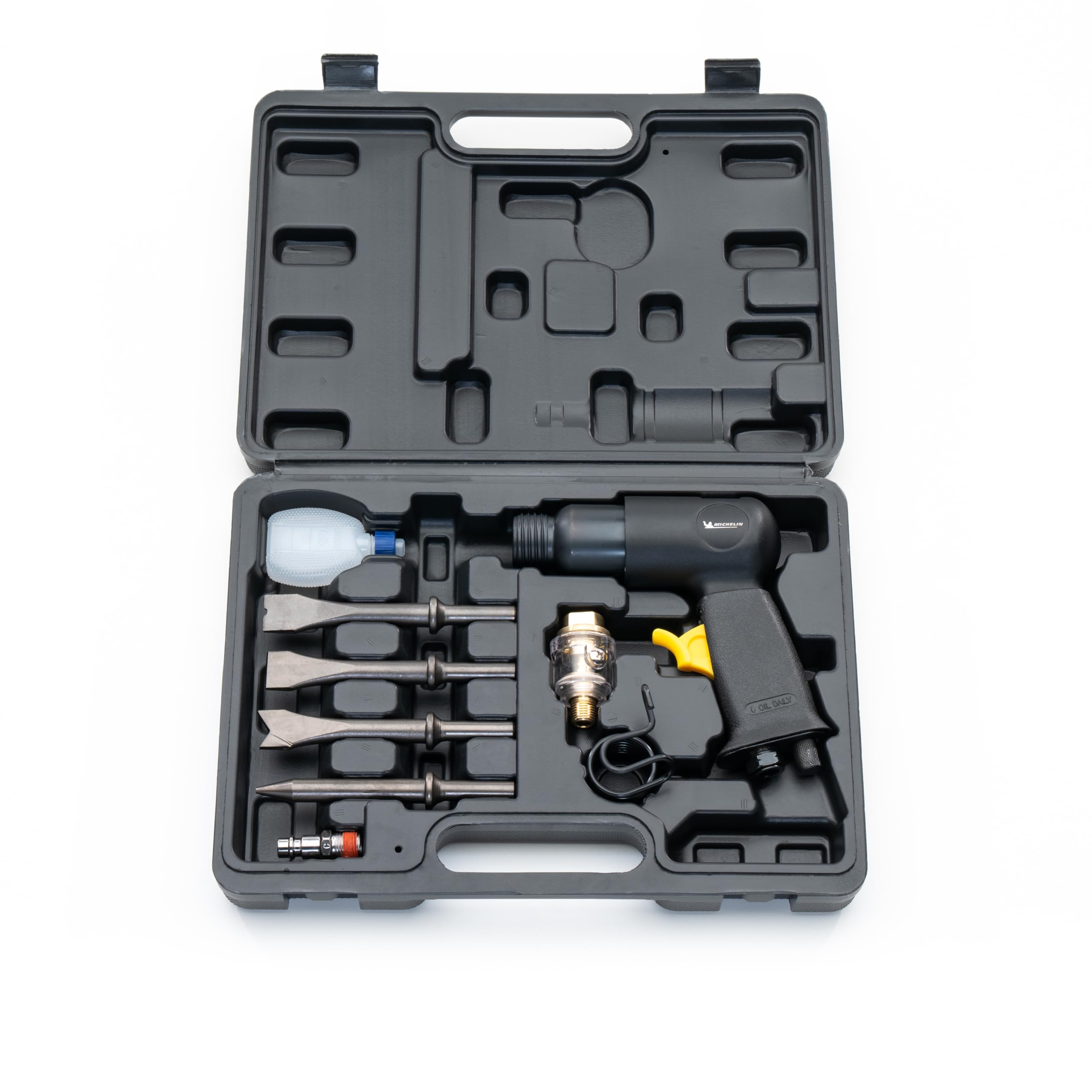 MICHELIN Coffret Marteau Burineur - 4 Burins - Ressort - Mandrin Autoserrant - Flacon d'Huile - Consommation d'Air : 170 l/min - Pression d'Utilisation : 6 bar - Nombre d'Impacts : 4500