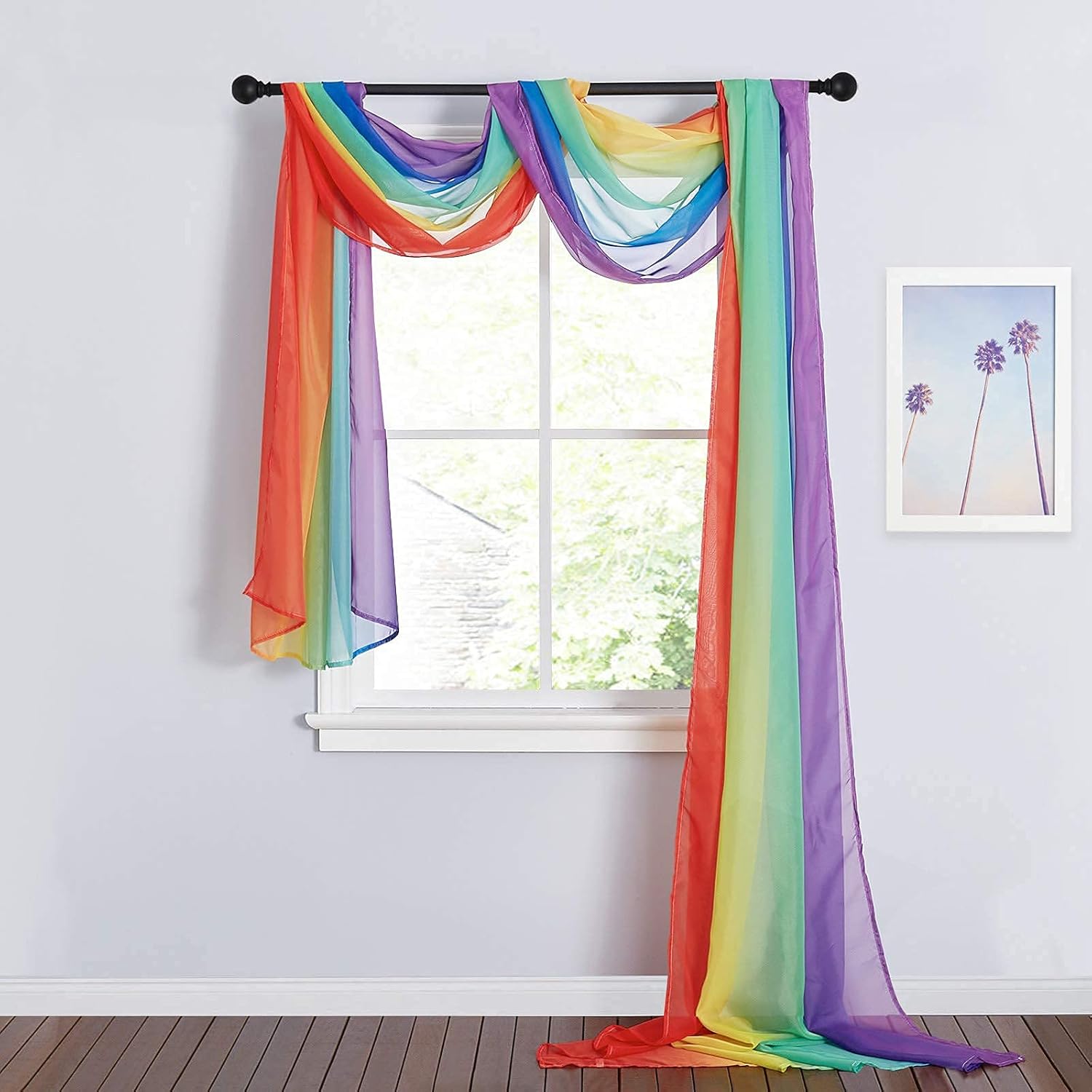 RYB HOME Rainbow Sheer Valance Curtains for Living Room - 2 Panels Bright Window Scarf Valance for Canopy Bed Patio Frame Birthday Party Backdrops Table Runner, W 60 in x L 216 in per Panel, Rainbow