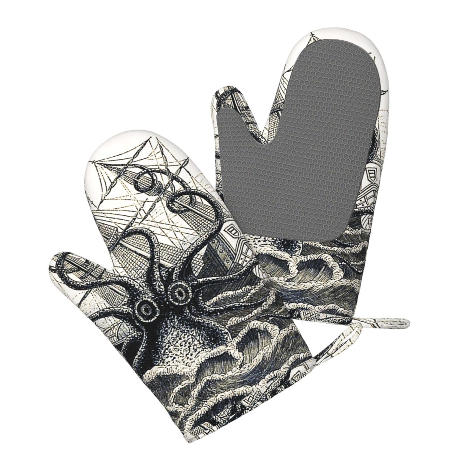 Aqrjlpo Women's Sailing Pirate Octopus Silicone Oven Mitts Set 2Pcs, Printed Heat Resistant Non-Slip Silicone Oven Gloves For Kitchen Cooking Baking Microwave