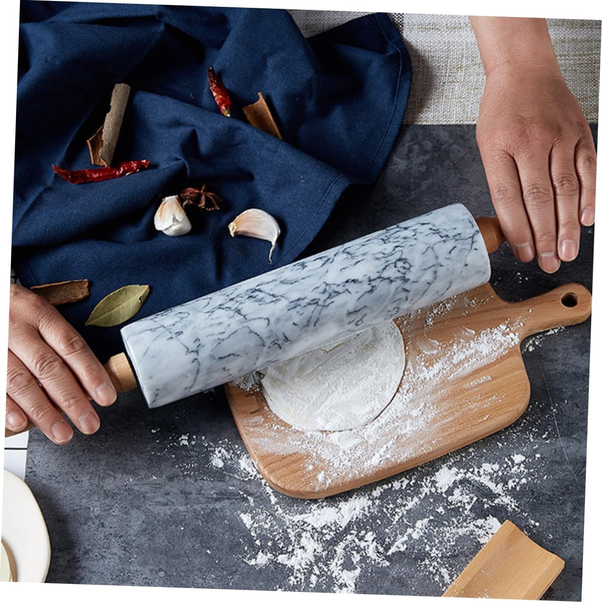 Natural Marble Rolling Pin with Wooden Handles Nonstick Dough Roller Pastry Stick for Baking Kitchen Tool Eco-friendly Gray Marble Design