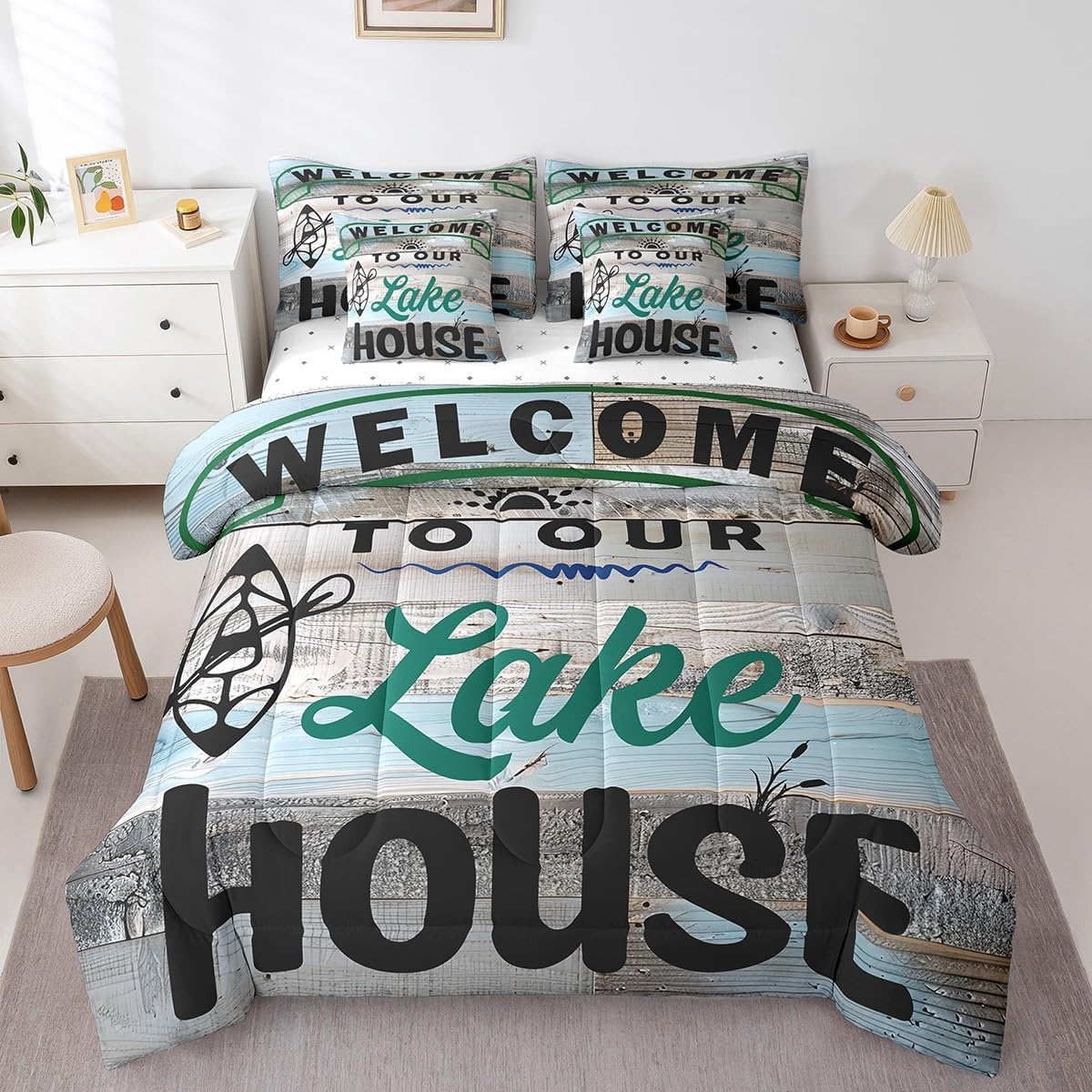 Erosebridal Rustic Boating Bedding Set Queen 7 Piece,Lake House Comforter Set with Sheet Set Farmhouse Lake Life Bed in A Bag for Kids Adults Country Wooden Board Bed Set Cabin Lodge Decor