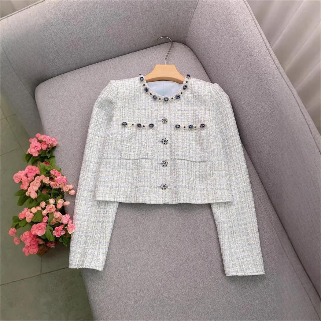 Women's Luxury Crystal Tweed 2 Piece Set Short Cardigan Jacket with Mini Skirt Office Outfit Suits