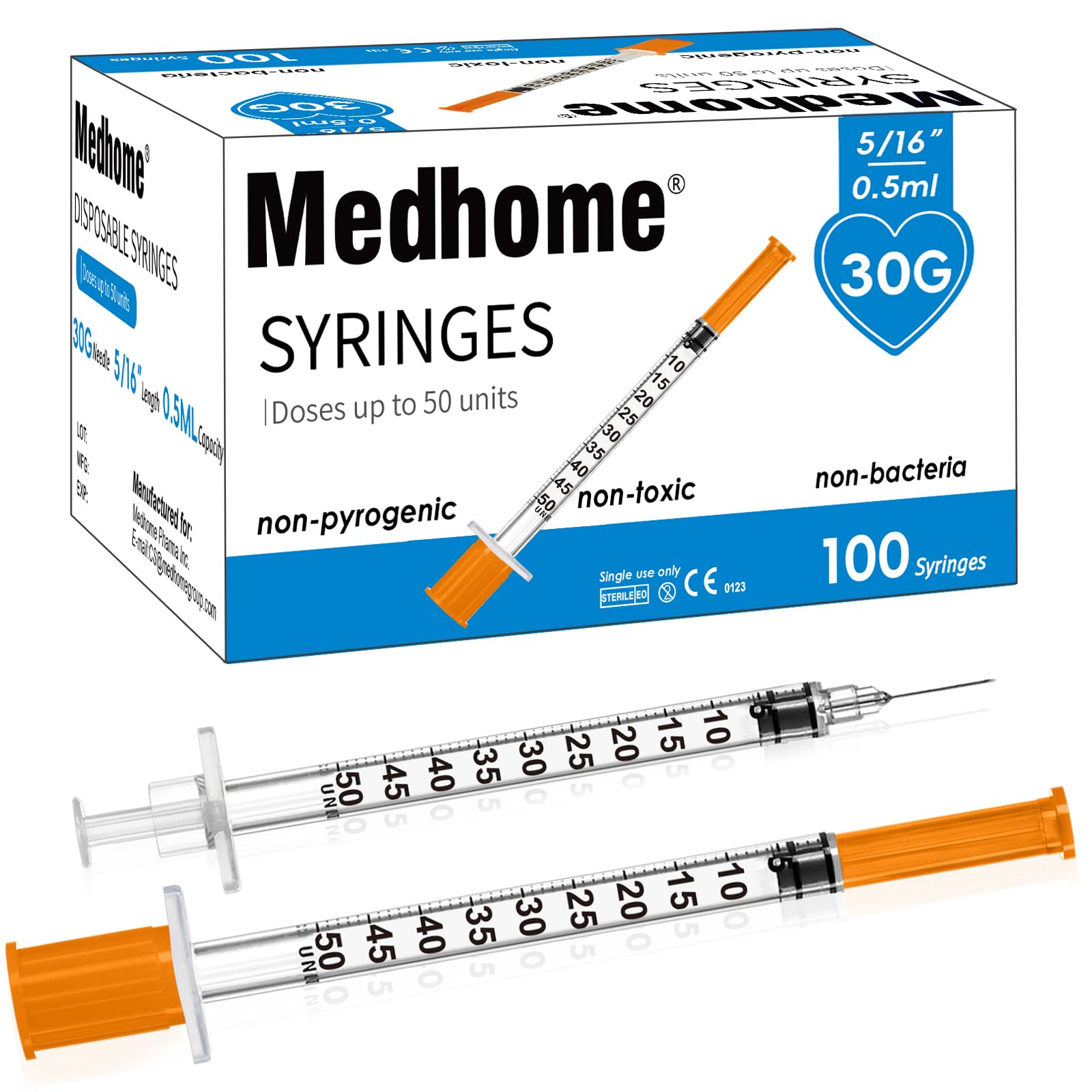 Lot de 100 seringues de laboratoire emballées individuellement 0,5 ml 30 g 0,8 cm