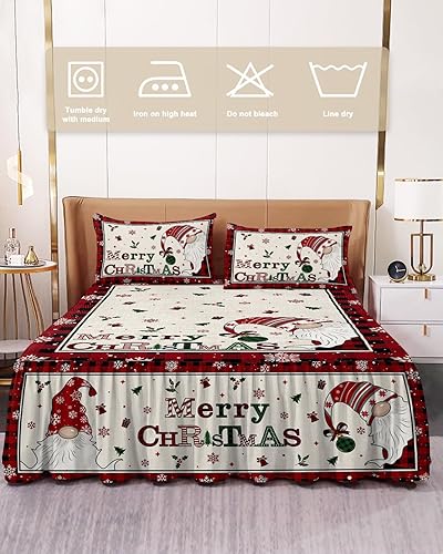 Miniatura 2 de Juego de sábanas de falda de cama de Navidad, 1 sábana y 2 fundas de almohada, falda de cama tamaño King de 18 pulgadas de caída, gnomos a cuadros