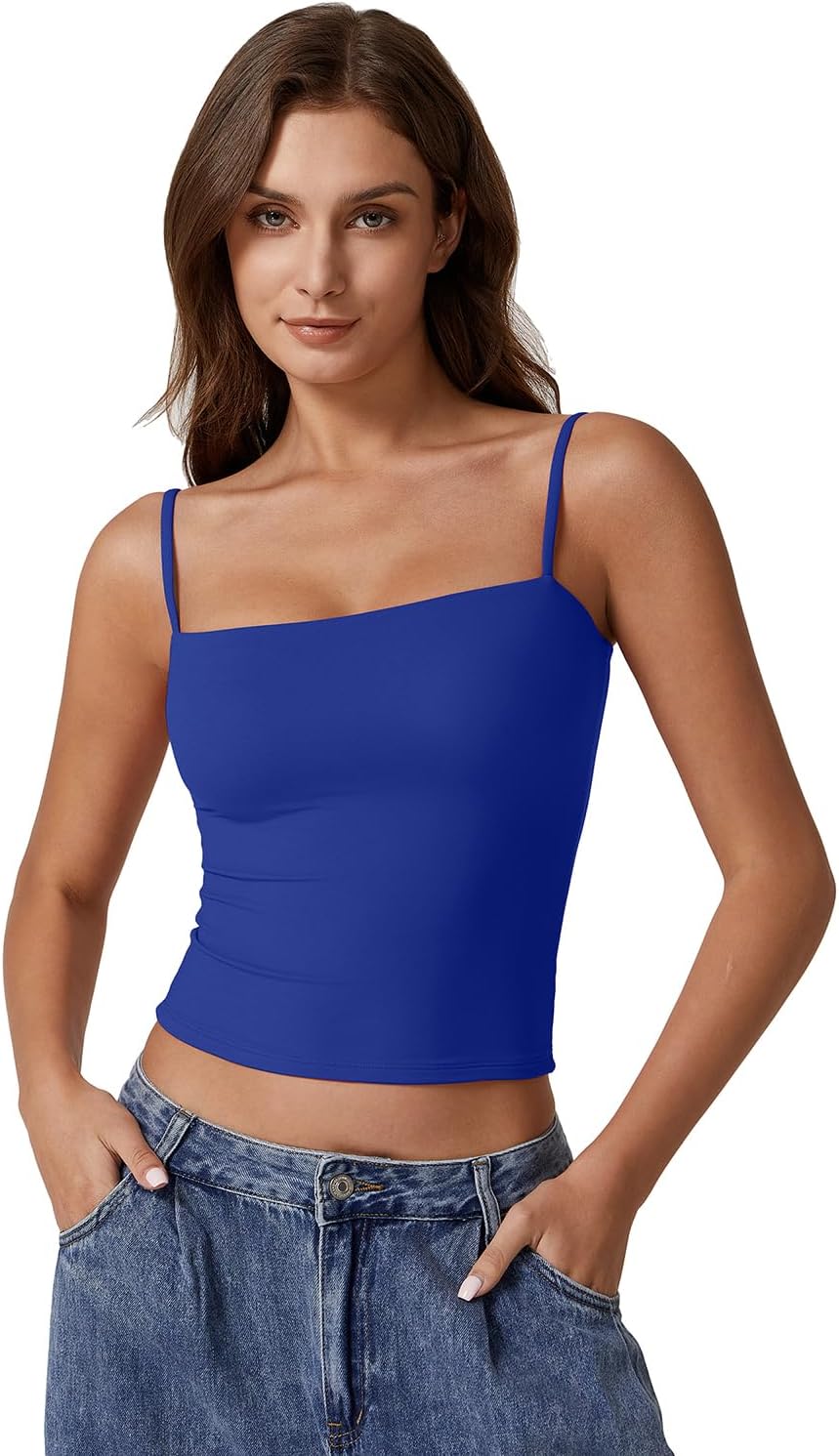 QINSEN Women's Double Lined Basic Tank Top Adjustable Spaghetti Straps Sleeveless Camisole Shirts - Image 2