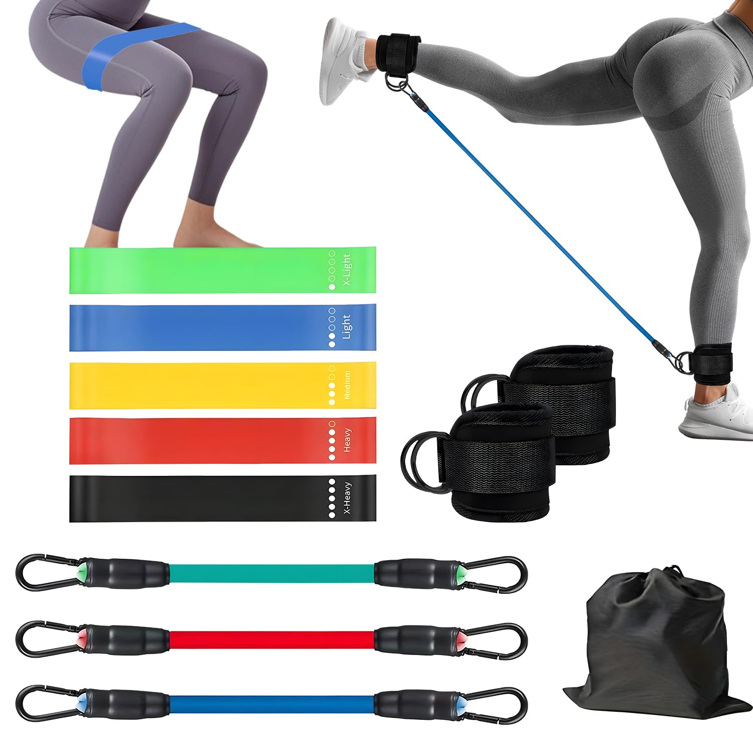MOTIBACK 11PCS Color Ankle Resistance Bands Set - Glute Workout Equipment with 2 Foot Covers, 5 Yoga Elastic Bands & 3 Tension Ropes for Women, Home Gym & Pilates Training (1 Storage Bag Included)