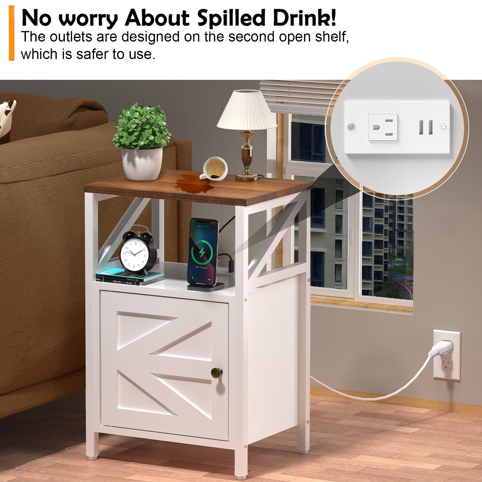 Mesa auxiliar de granja con estación de carga, puertos USB de 3 niveles y mesa auxiliar, mesa auxiliar compacta para espacios pequeños, mesa decorativa multifuncional para dormitorio, sala de estar 2