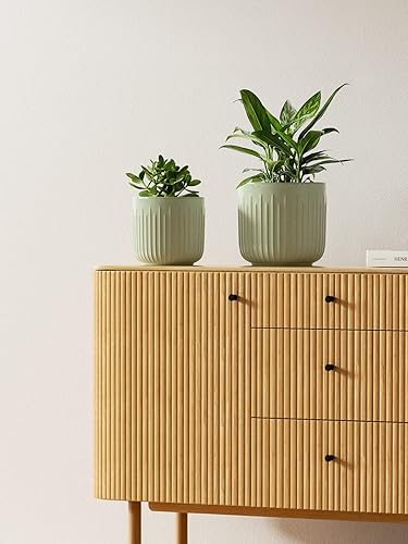 Miniatura 5 de LE TAUCI Juego de 3 macetas de cerámica estriada de 8.375.7 pulgadas, cilíndricas reactivas color verde salvia, macetas de interior con tapón de