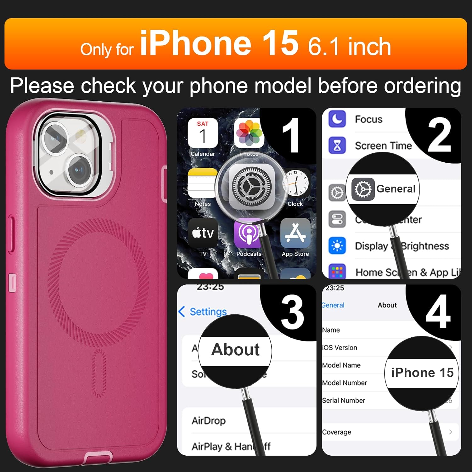 for iPhone 15 Case with Stand & Built-in Camera Cover, MagSafe Compatible, Heavy-Duty Shockproof Protection, Magnetic & Rugged Phone Cover for iPhone 15 6.1'', Hot-Pink - Image 2