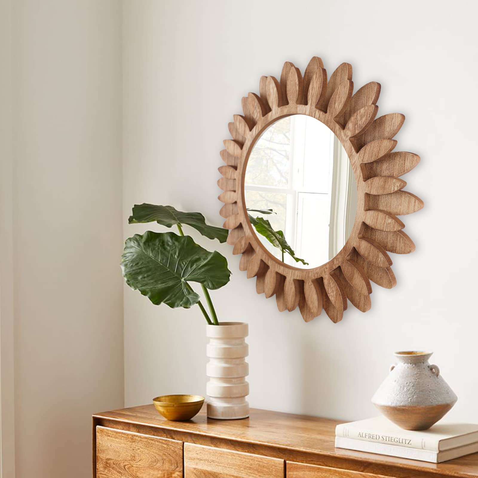 ABSWHLM Wall Mirror 12" Wood Farmhouse Sunburst Hanging Mirror Wall Decor for Bedroom Living Room Entryway (Brown)