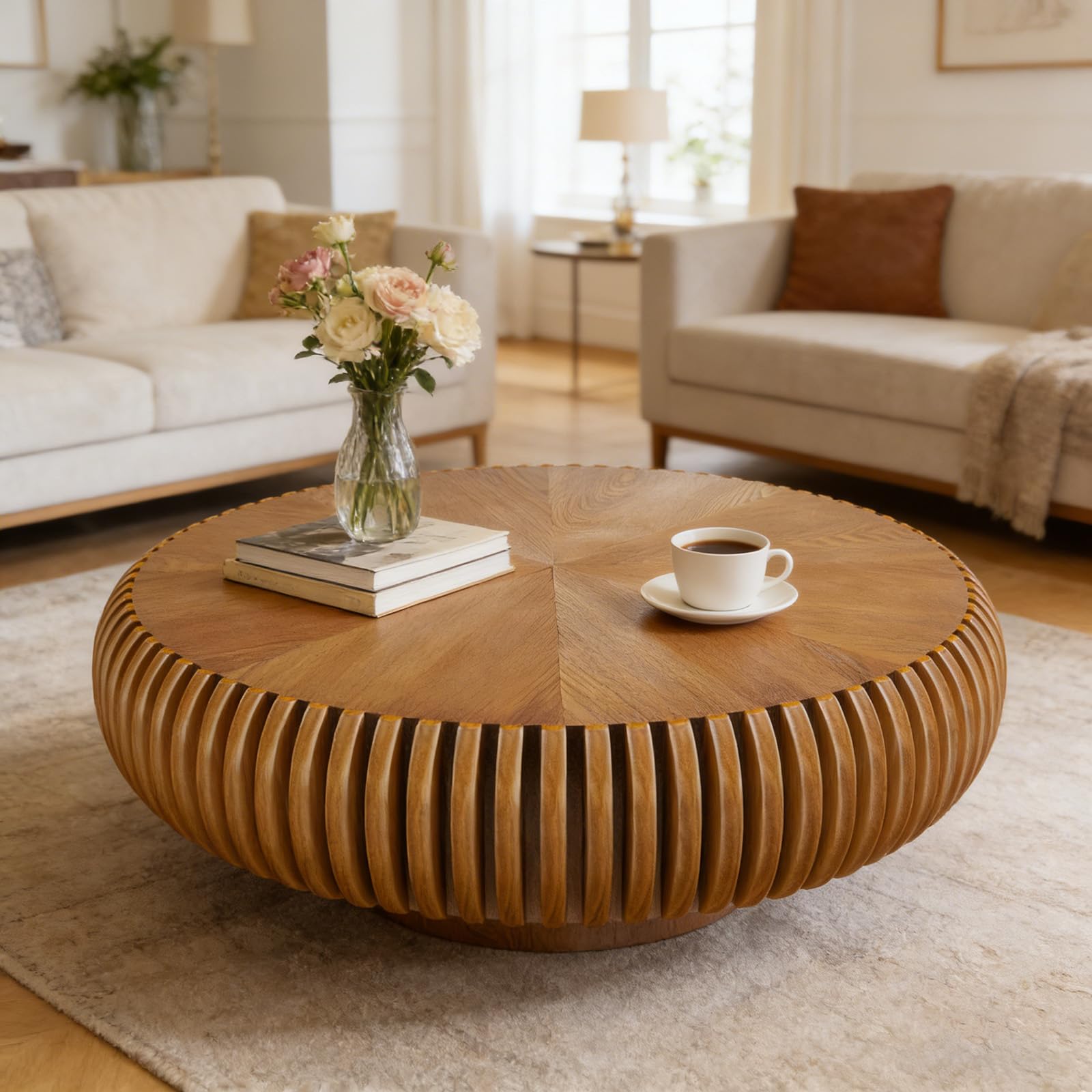 SOUWOFS Couchtisch Rund Holz, 80x80x35CM, Braun