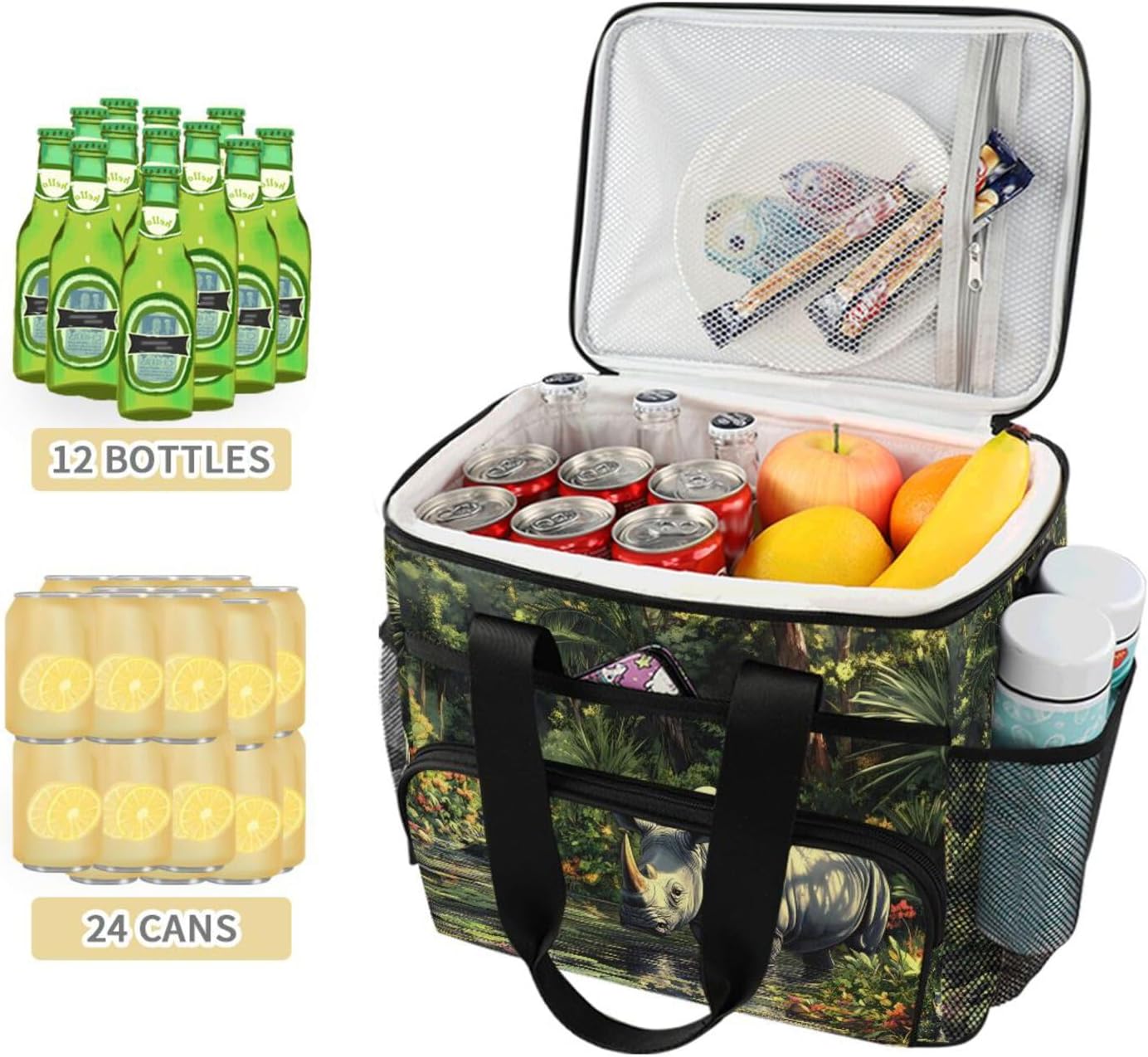 Insulated Cooler Bag Rhino Forest Print Large Capacity 24 Cans Lunch Box Leak Proof with Shoulder Strap Handle for Camping Picnic