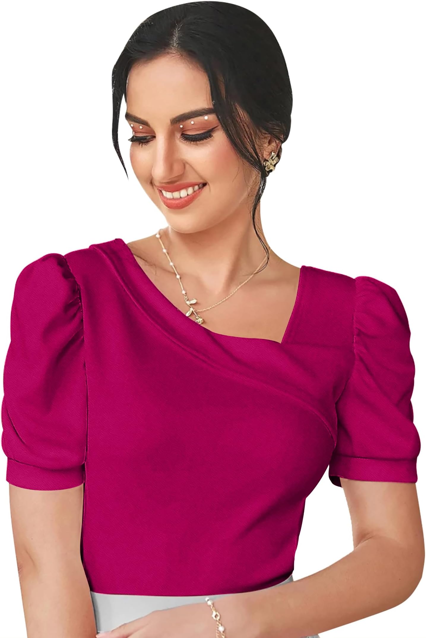 Women's Polyester Slim Fit Puff/Balloon Bishop Sleeve Elegant Casual Tee Top, 23" Inches - (Top Paris-01)