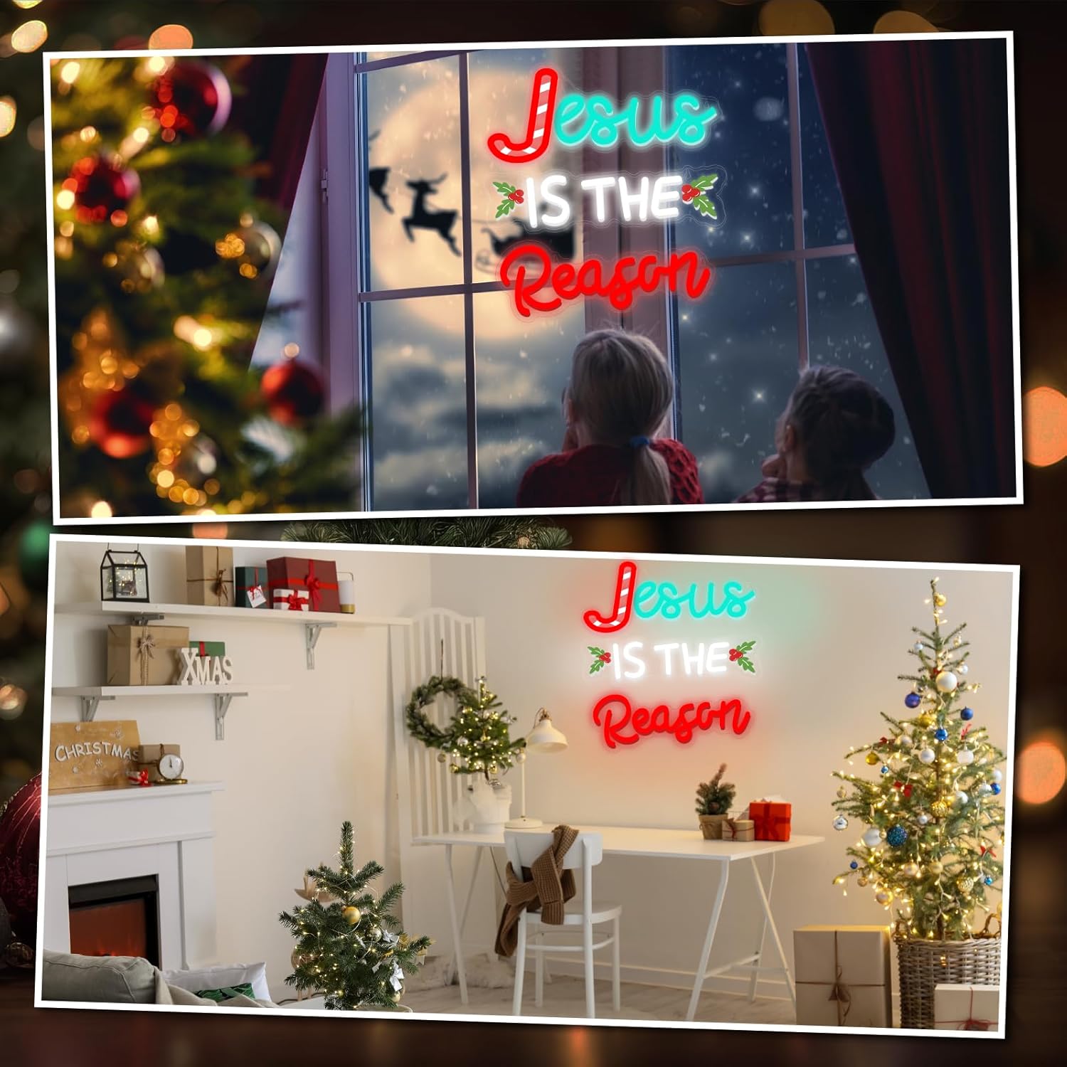 Jesus Is the Reason Neon Sign Christmas LED Sign Lighted Wall Art Decoration Neon Light USB Powered for Ceremony Party Bar Home Birthday Bible Church Decor Gift(Stylish)