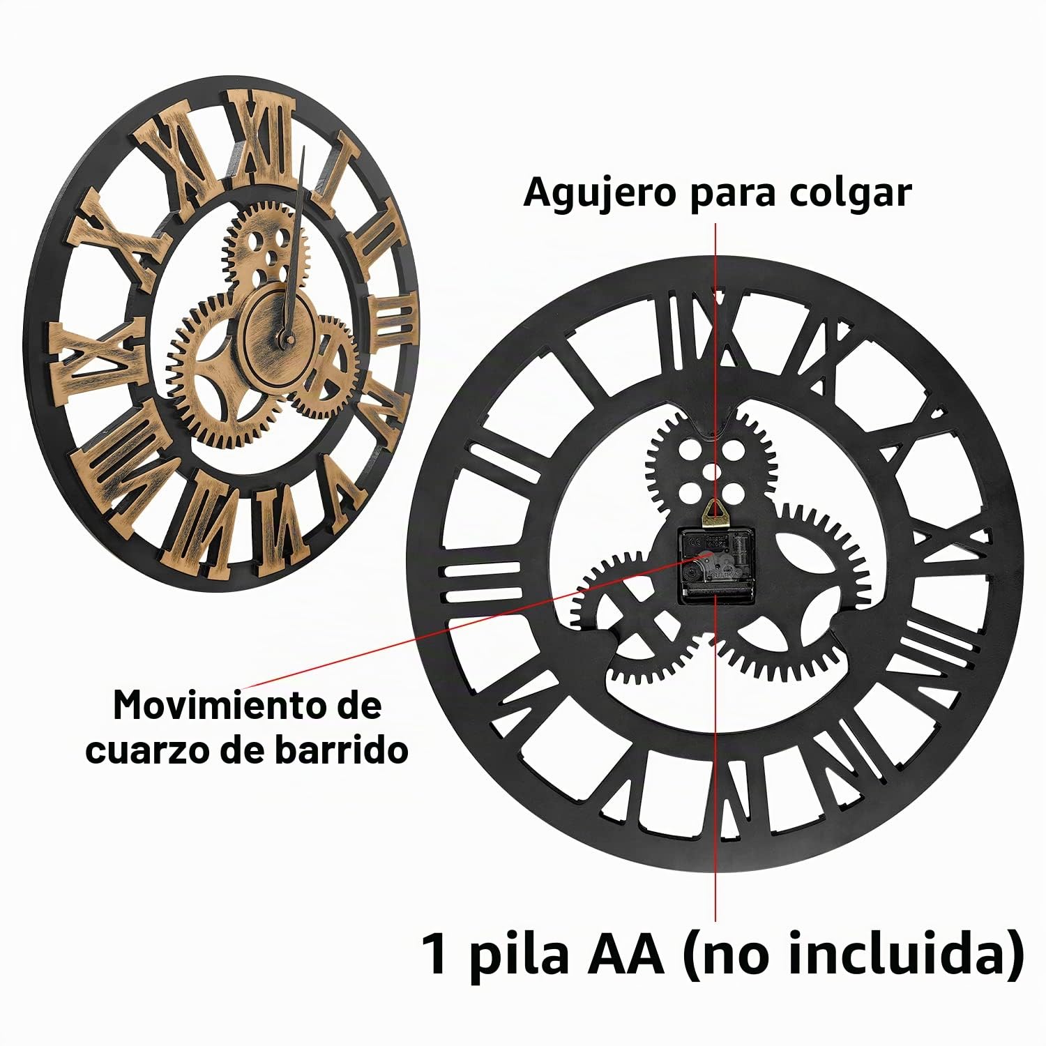 Reloj de Pared de Madera de Cuarzo con Números Romanos con Engranajes Vistos, Silencioso, no Hace tictac, para Sala de Estar, Dormitorio, Oficina, Cocina