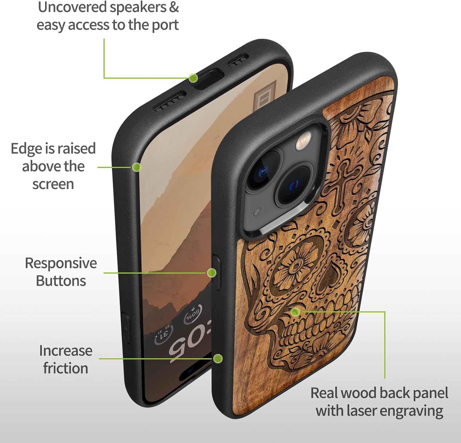 Carveit Magnetic Wooden Case for iPhone 15 Case, Compatible with MagSafe Wireless Chargers, Black Soft TPU Shockproof Cover & Wood Artisan Engraved (Sugar Skull) - Walnut