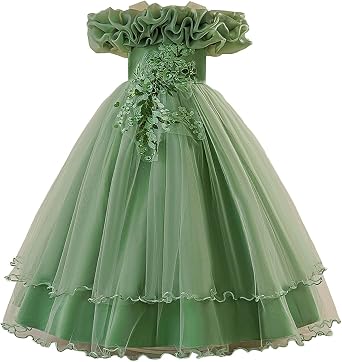 Moonker Girls Off Shoulder Dress Kids Ruffle Collared Chiffon Tiered Dresses with Pockets Teen Floral Lace Layered Skirt