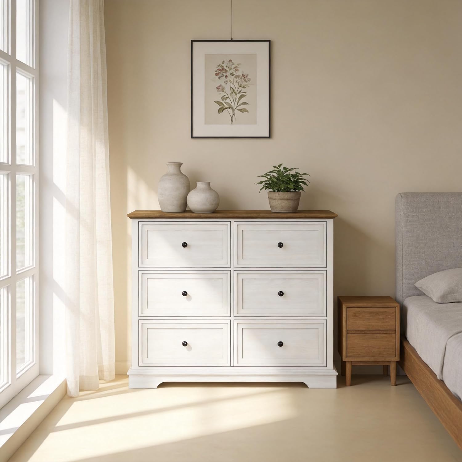 Luckyeestar Farmhouse Dressers for Bedroom - White 6 Drawer Dresser with Metal Handles, Wood Dressers & Chests of Drawers for Closet, Entryway, White
